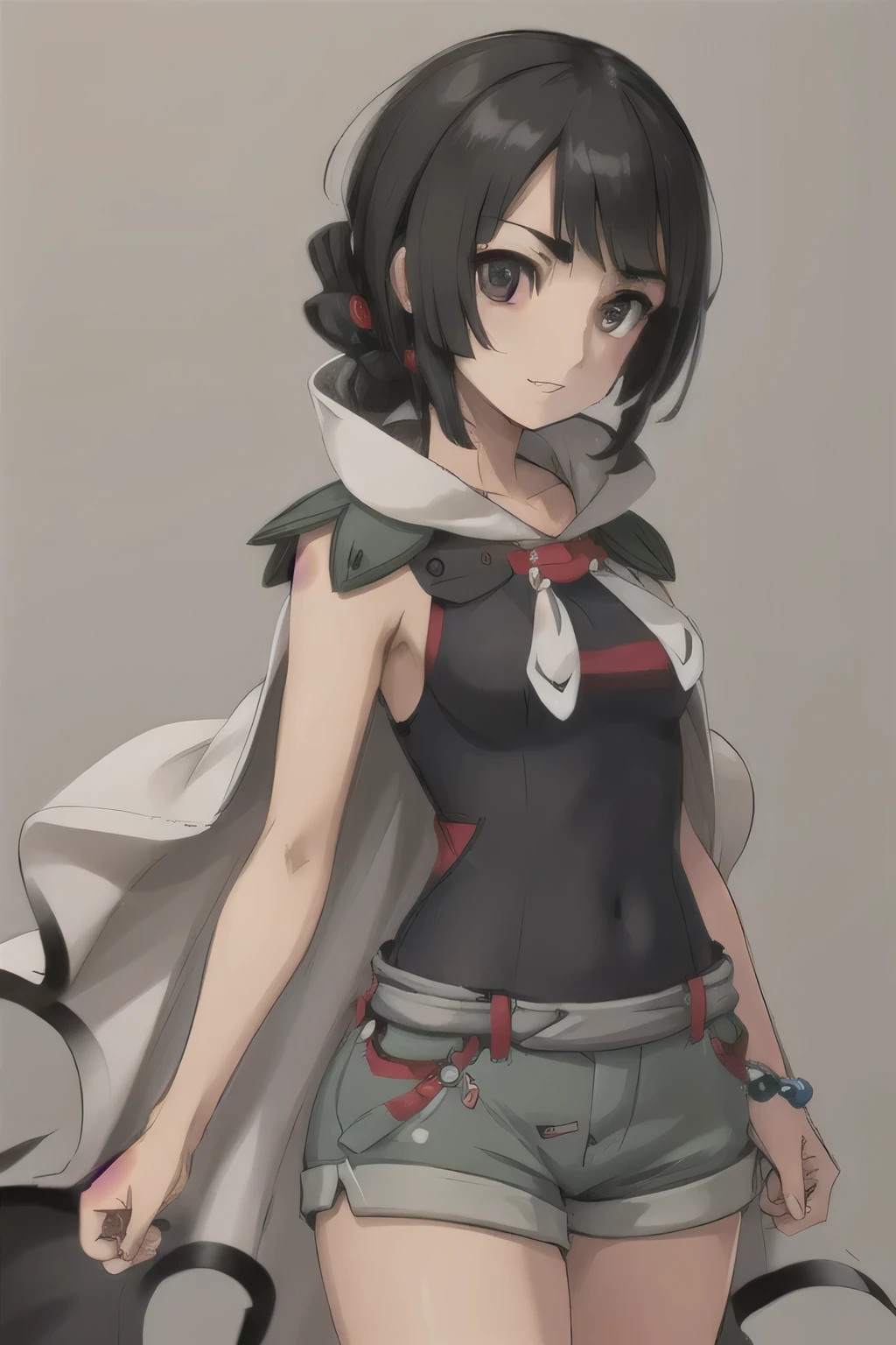 (masterpiece, best quality),  intricate details, 
1girl,  Zinnia /(pokemon/), grey shorts, black shirt, sleeveless, cape,
3DMM,