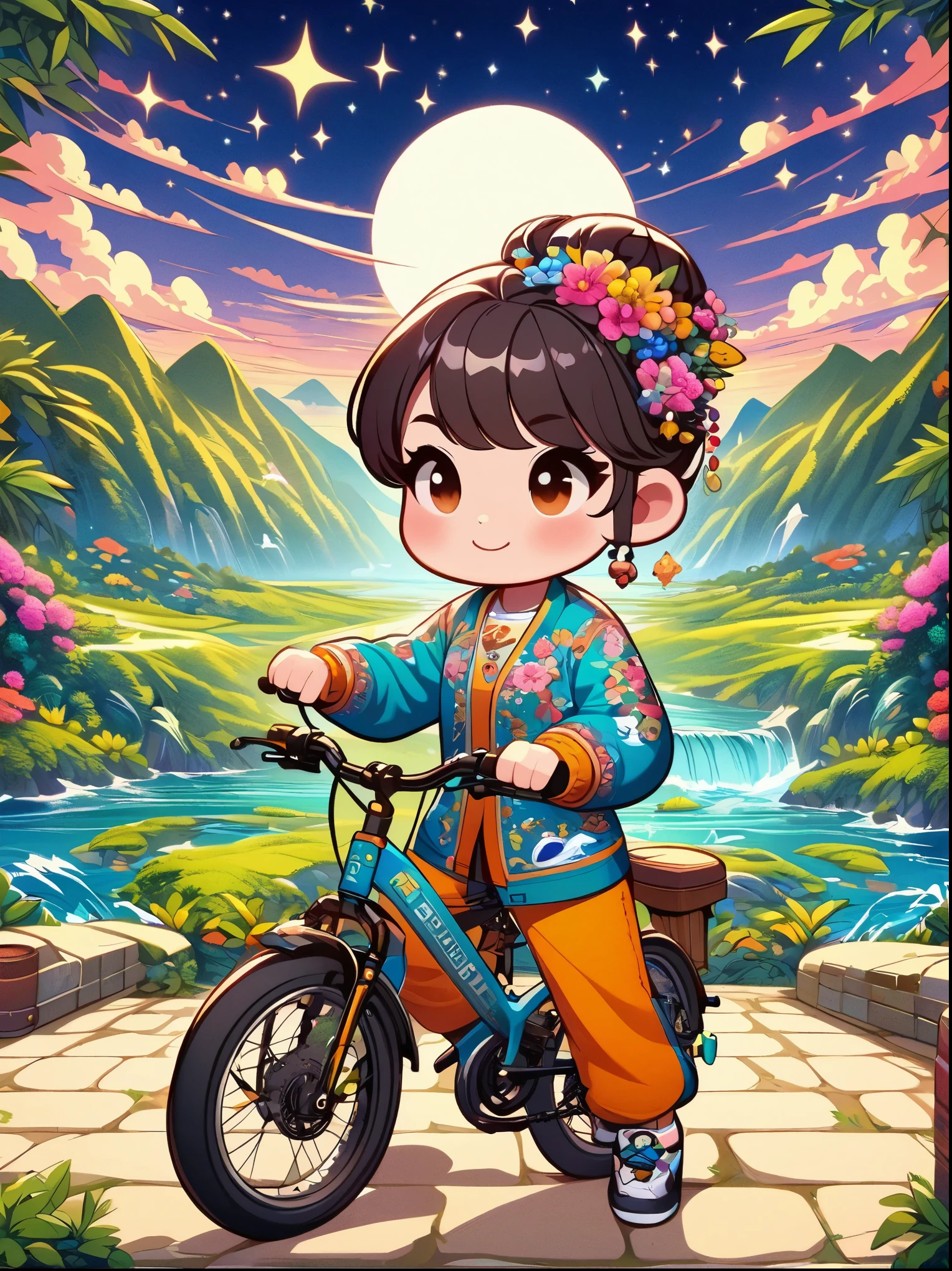 (1 girl riding a mountain bike along the coastline chasing the sun), in the Stars Art Troupe (Stars) style, cheerful figurative art, free flowing lines, style bright bold color palette, post-Internet aesthetics, color animation static, travel, romantic illustrations, full of hidden details, graphic design inspired illustration