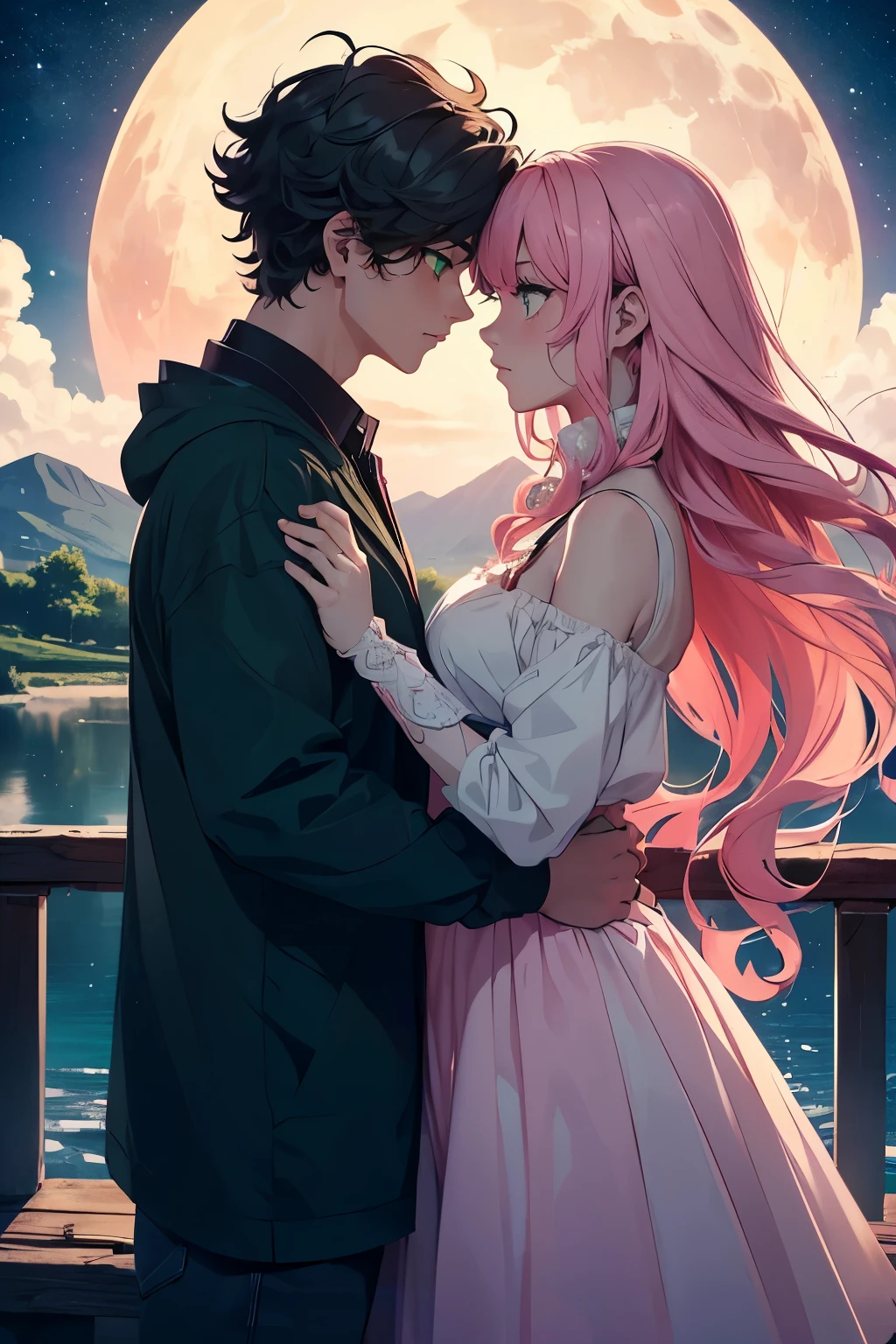 couple, staring into each other's eyes, 1girl, (((masterpiece, best quality, scenery, aesthetic))), heavenly, ((girl with red eyes, vibrant pink long hair)), tsundere, ((intimate)), night sky, (moonlight), shooting star, 1boy, ((boy with green eyes, short black curly hair)), moon backdrop