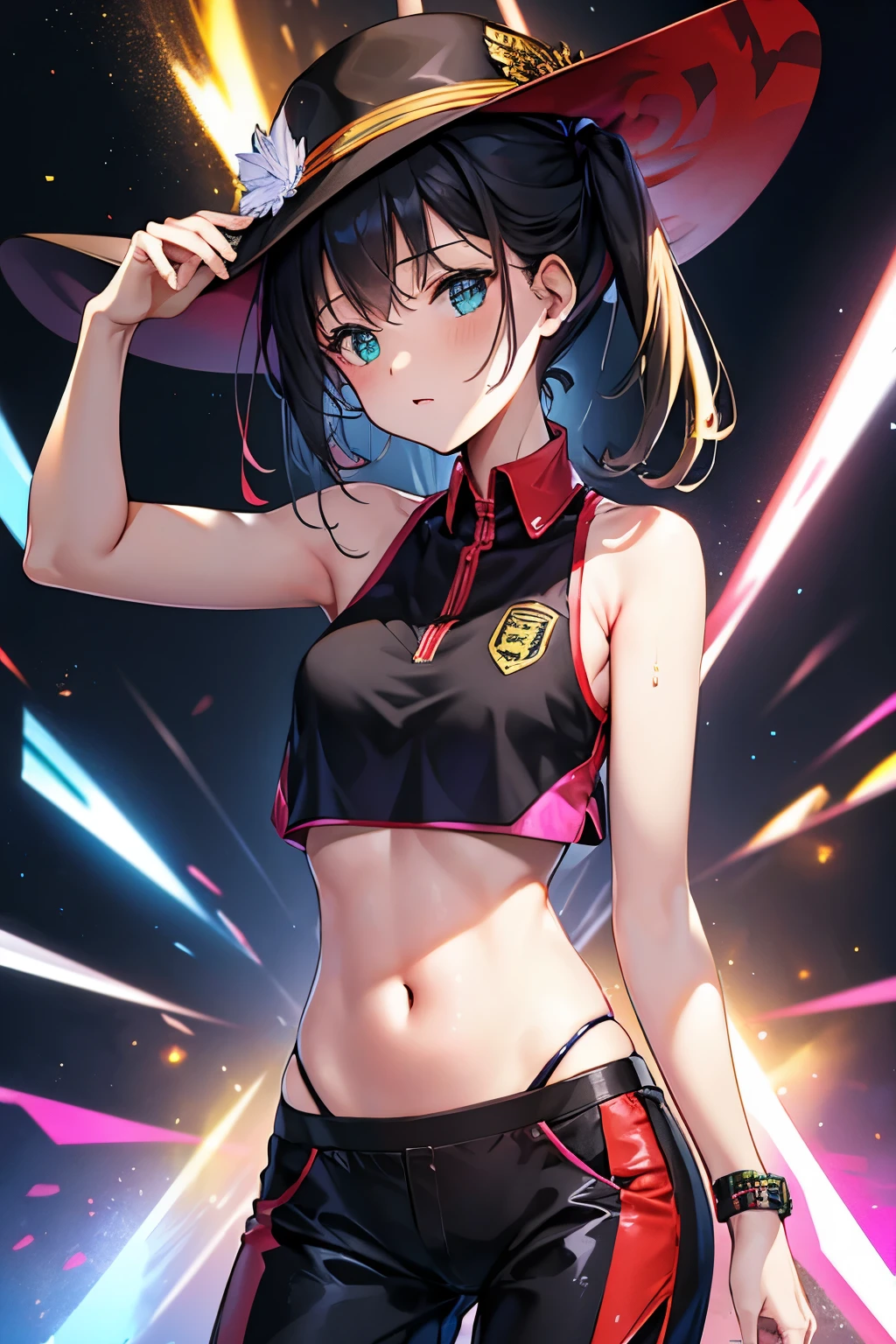 simple vest, original character, masterpieces, 16k resolution, vibrant colors, dramatic lighting, police vest, long sport pant, panties, fliped-up clothes, female idol