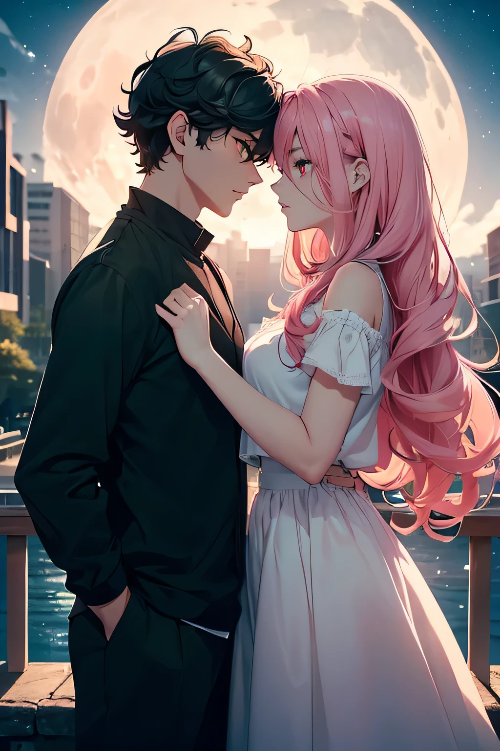 couple, staring into each other's eyes, 1girl, (((masterpiece, best quality, scenery, aesthetic))), heavenly, ((girl with red eyes, vibrant pink long hair)), tsundere, ((intimate)), night sky, (moonlight), shooting star, 1boy, ((boy with green eyes, short black curly hair)), moon backdrop