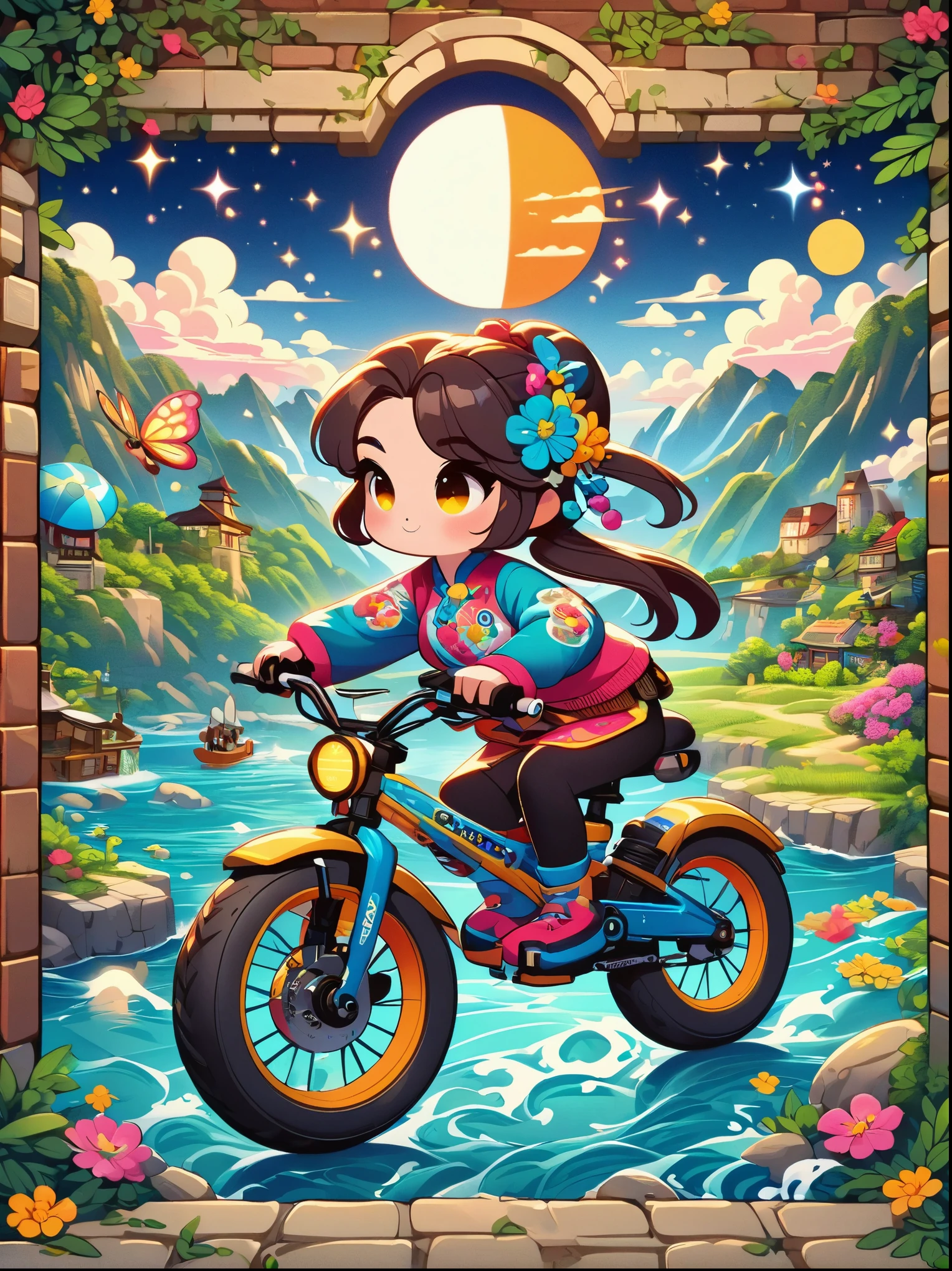 (1 girl riding a mountain bike along the coastline chasing the sun), in the Stars Art Troupe (Stars) style, cheerful figurative art, free flowing lines, style bright bold color palette, post-Internet aesthetics, color animation static, travel, romantic illustrations, full of hidden details, graphic design inspired illustration