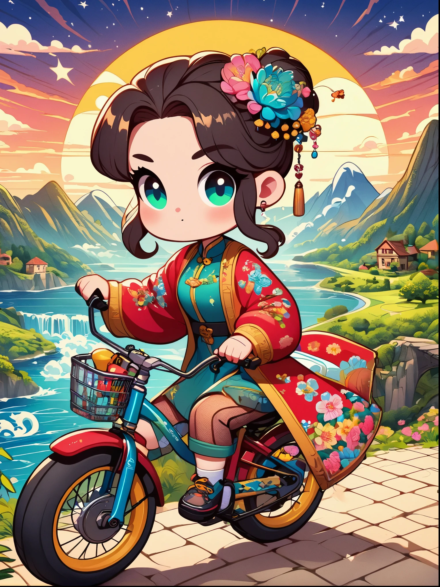 (1 girl riding a mountain bike along the coastline chasing the sun), in the Stars Art Troupe (Stars) style, cheerful figurative art, free flowing lines, style bright bold color palette, post-Internet aesthetics, color animation static, travel, romantic illustrations, full of hidden details, graphic design inspired illustration