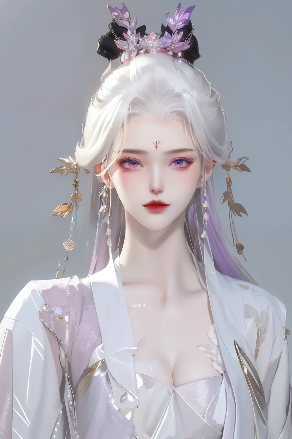 （best quality，masterpiece：1.2），ultra high resolution，realistically，front lighting，intricate details，Exquisite details and textures，（1 girl），alone，upper part of body，Pink Hanfu，好漂亮的big eyes，pink dress，Petal decoration，pretty face，Face the audience，ribbon，gossamer，（young），facial highlights，Detailed production，tear nevus，White skin，Purple hair，high ponytail，looking at the audience，big eyes，（hollow pattern），ear nipple ring，fit，White background，right hand，professional lighting，photon mapping，radio city，Physically based rendering

