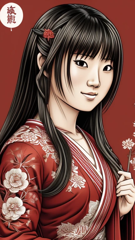 Textures,caligraphic line art japanese woman and temple ink color style ,Comic book,cartoon,intricate details,sharp focus,3d, high resolution,chans,wong-chans