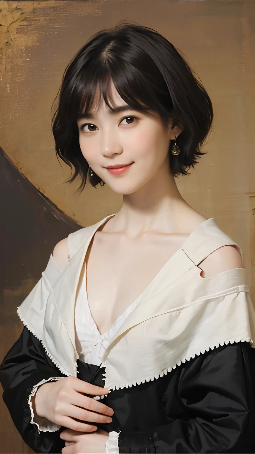 184 Short hair, 20 year old female, gentle smile, (rembrandt style painting), (chest:1.46), whole body, beautiful feet