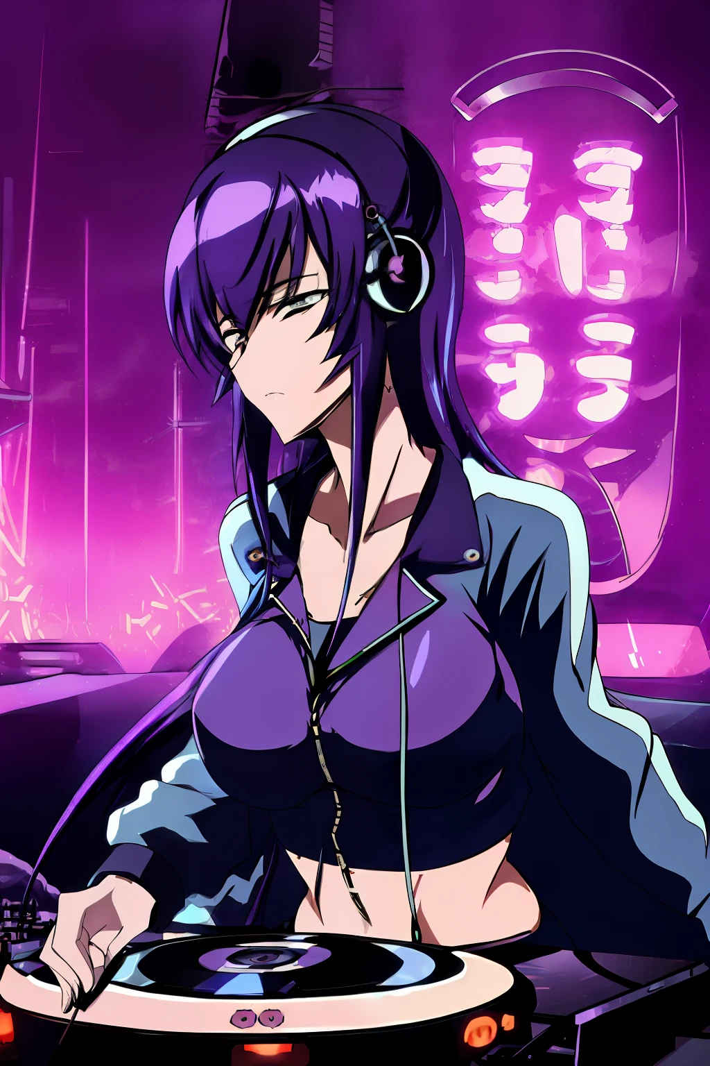 "Saeko Busujima, Cyberpunk DJ girl with cool head set, cool open jacket and crop top shirt, two big LED glowing loudspeakers on each side, immersed in a neon-lit environment, vinyl record on turntable with music mixer and turntable in front of her, exuding an electrifying disco vibe in a futuristic night club."