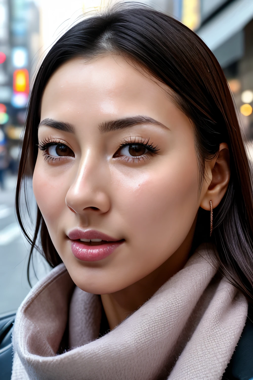 beautiful japanese actress,1 girl,debris flies,,Award-winning photo, very detailed, focus the eyes clearly, nose and mouth,face focus, super close up of face、 35 years old,black hair、symmetrical face,realistic nostrils、Angle from below、Elongated C-shaped nostril NSFW,(sharp nose)skin shining with sweat、shiny skin,(wrinkles between eyebrows))（cum on tongue)、deep kiss、((thin eyebrows))oily skin、radiant glowing skin、double eyelid、、Beautiful woman、medium hair,roll your eyes、shortcut、(Winter streets、long coat、sweater、scarf)、I can see the sky、Shibuya Center Street、