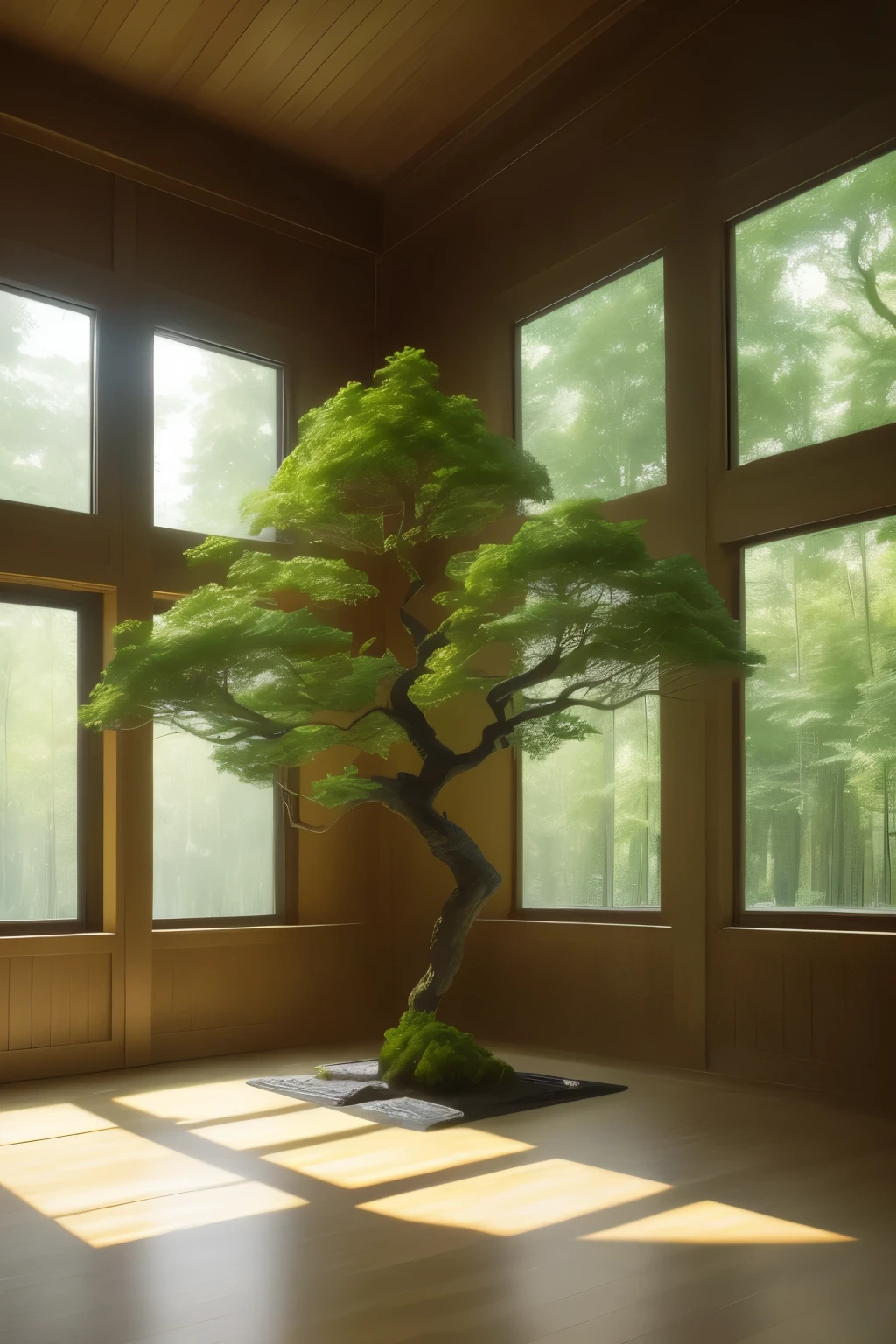 In an empty room bathed in tranquility, the serene atmosphere is broken by the presence of intriguing wooden structures. These geometric marvels, crafted with precision and artistry, stand proudly in front of a resplendent tree. The tree, with its emerald leaves, adds a burst of natural charm to the minimalist setting.
Adorned in light green and bronze hues, the structures capture the essence of harmony and balance rarely found in the mundane. Their dynamic, seemingly weightless forms evoke a sense of fluidity, creating a captivating contrast against the tree's steadfast presence.
The room transforms into a gallery as the sunlight filters through the window,