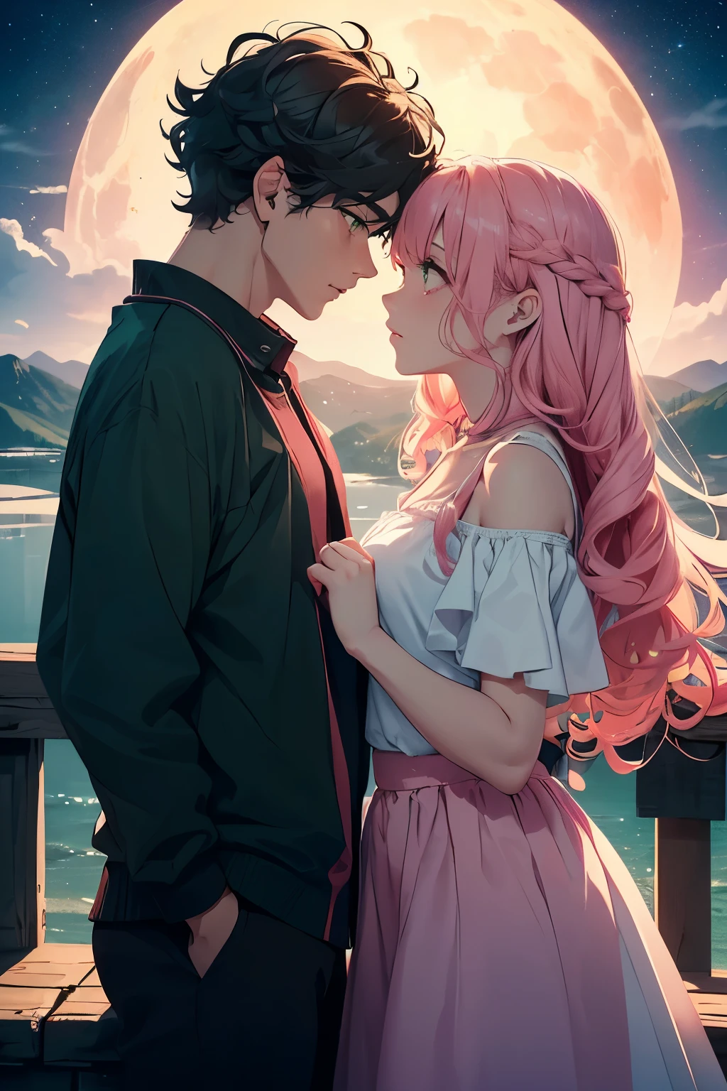 couple, staring into each other's eyes, 1girl, (((masterpiece, best quality, scenery, aesthetic))), heavenly, ((girl with red eyes, vibrant pink long hair)), tsundere, ((intimate)), night sky, (moonlight), shooting star, 1boy, ((boy with green eyes, short black curly hair)), moon backdrop