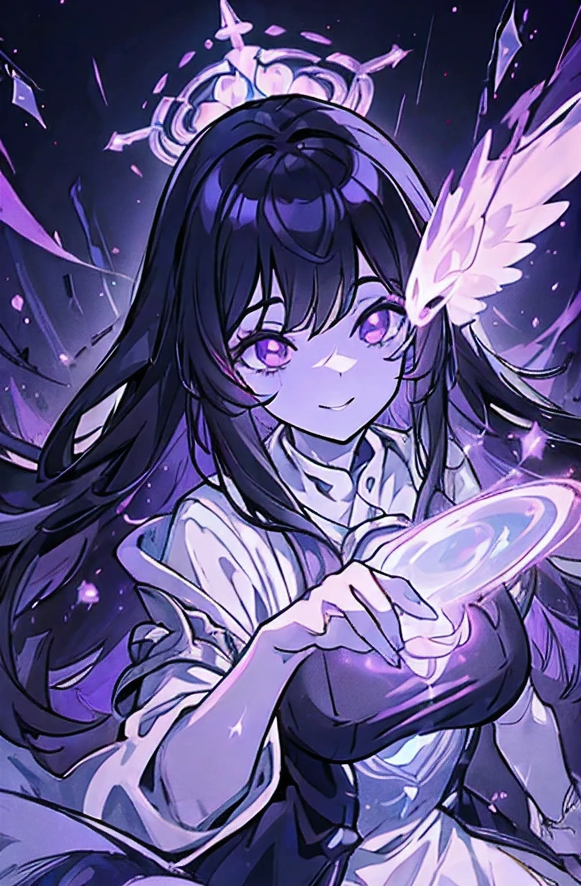 4k , ultra high definition , extremely detailed, extremely detailed background , draw a tall adult sorceress with white holy divine powers , she has violet eyes and long black hair with light shade of purple , smiling , she is hurt , there is a deep sadness in her eyes, medium breasts 