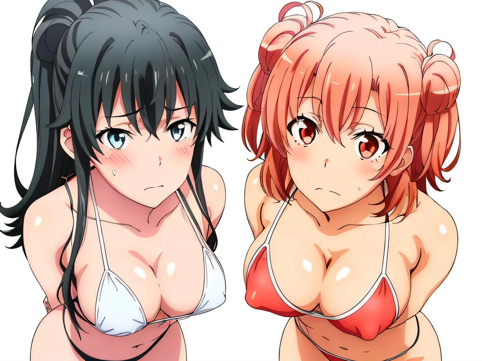((2 girls ), ((yuigahama yui is big bust and ヒップライン are great)),((Yukinoshita Yukino)),,(Ocean),In a swimsuit,body facing forward,they have their hands behind their backs,(Bra with nipple bulge line),Shiny tops,belly button,,(Light yellow bikini:1.0),thighs,,((high angle:1.0)),(beautiful eyes),look at the camera,blush,troubled face,Insert your head