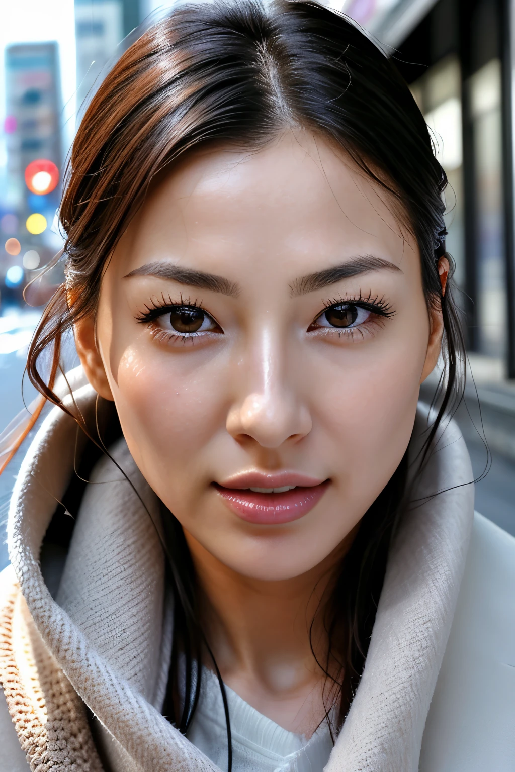 beautiful japanese actress,1 girl,debris flies,,Award-winning photo, very detailed, focus the eyes clearly, nose and mouth,face focus, super close up of face、 35 years old,black hair、symmetrical face,realistic nostrils、Angle from below、Elongated C-shaped nostril NSFW,(sharp nose)skin shining with sweat、shiny skin,(wrinkles between eyebrows))（cum on tongue)、deep kiss、((thin eyebrows))oily skin、radiant glowing skin、double eyelid、、Beautiful woman、medium hair,roll your eyes、shortcut、(Winter streets、long coat、sweater、scarf)、I can see the sky、Shibuya Center Street、