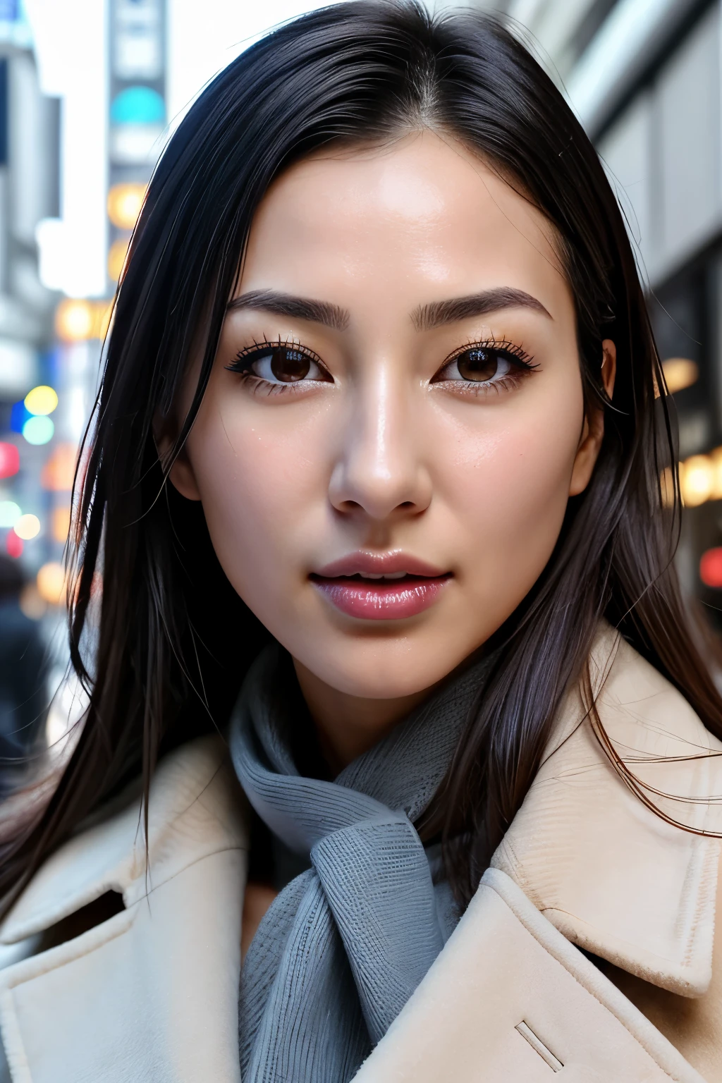 beautiful japanese actress,1 girl,debris flies,,Award-winning photo, very detailed, focus the eyes clearly, nose and mouth,face focus, super close up of face、 35 years old,black hair、symmetrical face,realistic nostrils、Angle from below、Elongated C-shaped nostril NSFW,(sharp nose)skin shining with sweat、shiny skin,(wrinkles between eyebrows))（cum on tongue)、deep kiss、((thin eyebrows))oily skin、radiant glowing skin、double eyelid、、Beautiful woman、medium hair,roll your eyes、shortcut、(Winter streets、long coat、sweater、scarf)、I can see the sky、Shibuya Center Street、