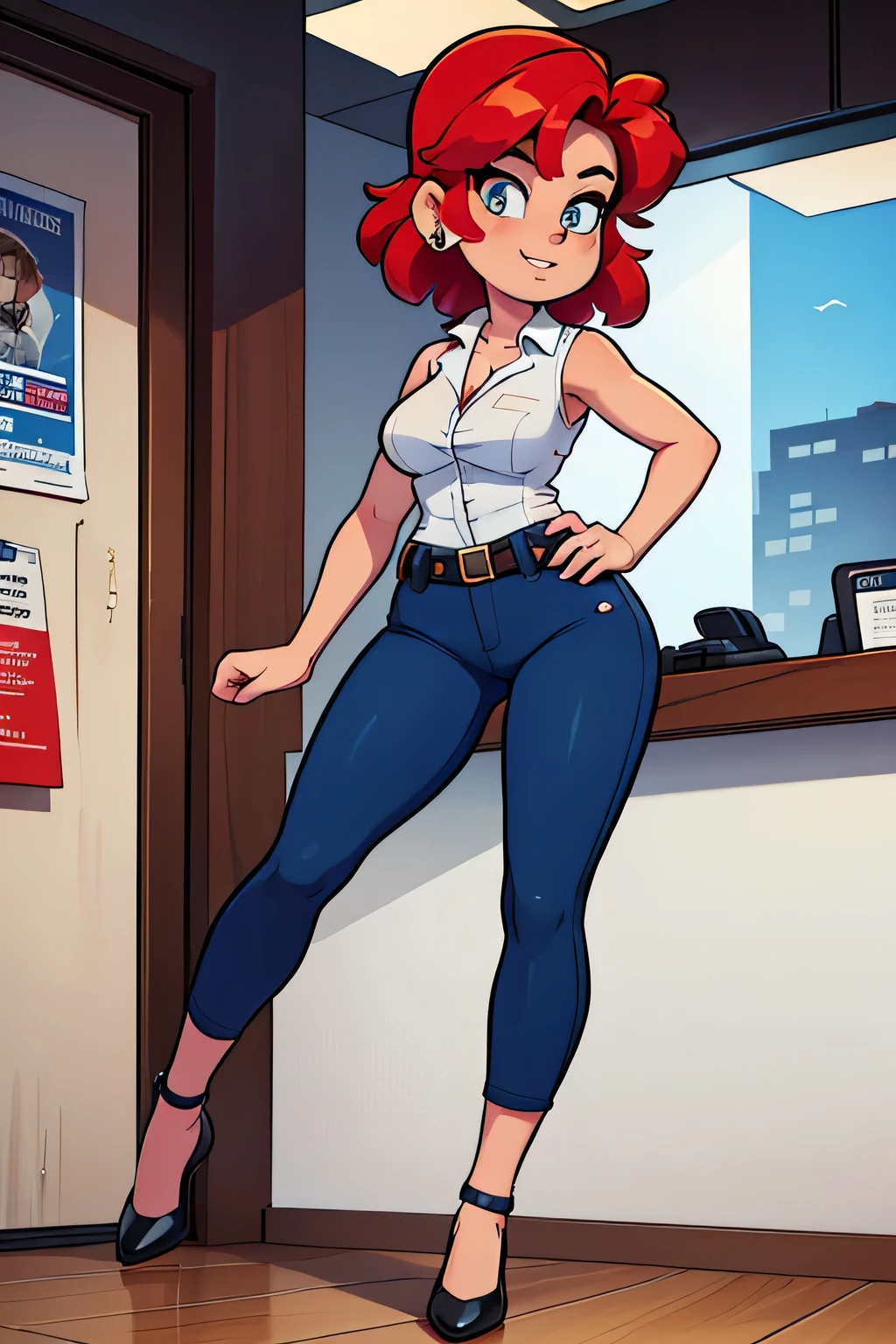 Una agente oficial alta y sexy, hermosa, happy and self-confident, con un gran pecho, cabello corto de color rojo brillante y ojos color avellana, and wears a white sleeveless shirt and dark blue pants underneath and wears a red kitten heel on the bottom, are police offices in the United States.