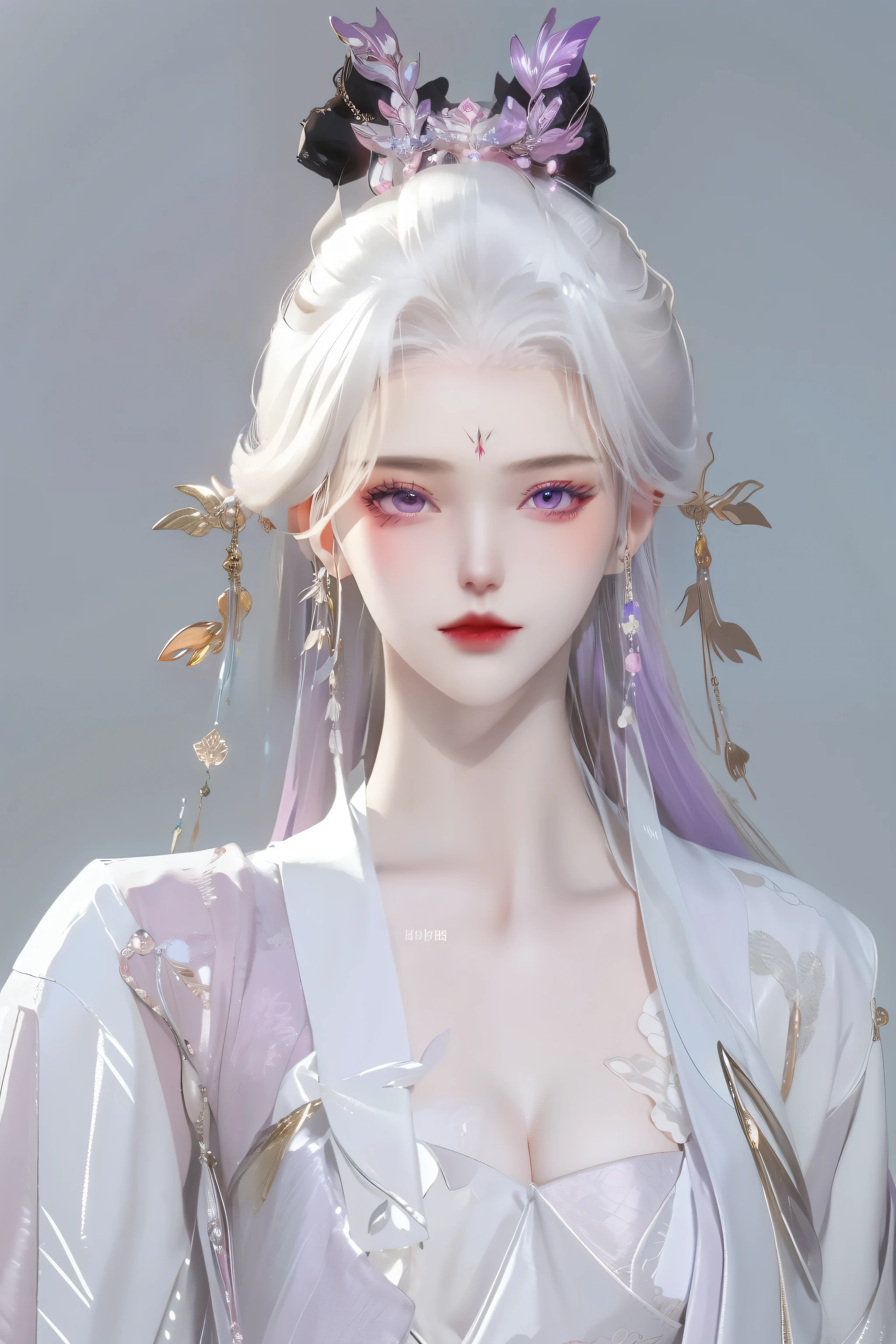 (best quality,masterpiece:1.2),ultra high resolution,realistically,front lighting,intricate details,Exquisite details and textures,(1 girl),alone,upper part of body,Pink Hanfu,好漂亮的big eyes,pink skirt,Petal decoration,pretty face,facing the audience,ribbon,gossamer,(young),facial highlights,Detailed production,tear nevus,White skin,purple hair,high ponytail,looking at the audience,big eyes,(hollow pattern),ear nipple ring,fit,White background,right hand,professional lighting,photon mapping,radio city,Physically based rendering