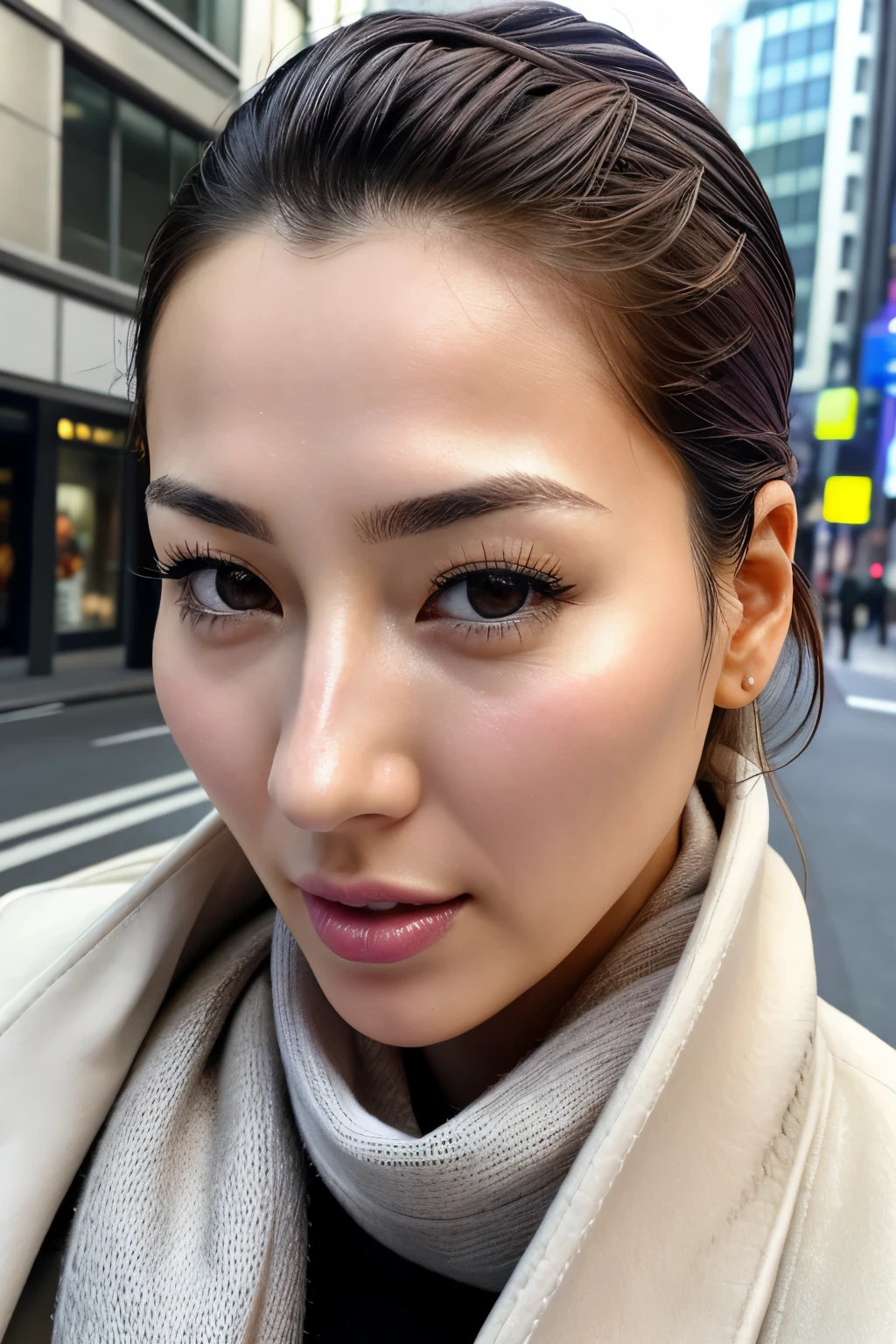 beautiful japanese actress,1 girl,debris flies,,Award-winning photo, very detailed, focus the eyes clearly, nose and mouth,face focus, super close up of face、 35 years old,black hair、symmetrical face,realistic nostrils、Angle from below、Elongated C-shaped nostril NSFW,(sharp nose)skin shining with sweat、shiny skin,(wrinkles between eyebrows))（cum on tongue)、deep kiss、((thin eyebrows))oily skin、radiant glowing skin、double eyelid、、Beautiful woman、medium hair,roll your eyes、shortcut、(Winter streets、long coat、sweater、scarf)、I can see the sky、Shibuya Center Street、