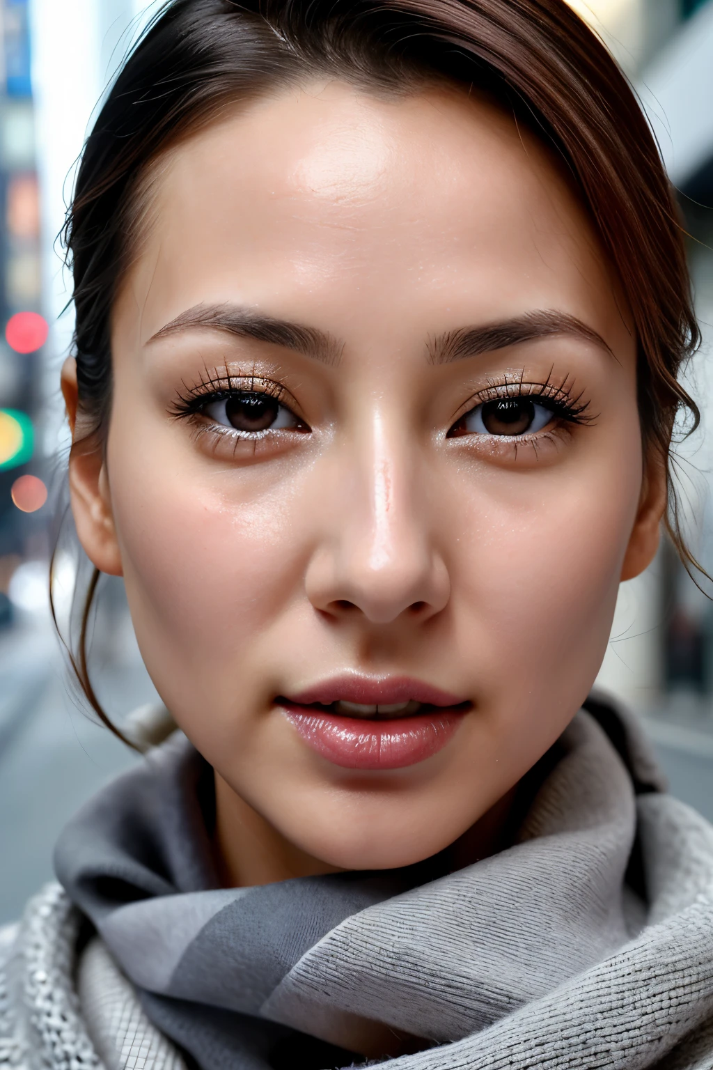 beautiful japanese actress,1 girl,debris flies,,Award-winning photo, very detailed, focus the eyes clearly, nose and mouth,face focus, super close up of face、 35 years old,black hair、symmetrical face,realistic nostrils、Angle from below、Elongated C-shaped nostril NSFW,(sharp nose)skin shining with sweat、shiny skin,(wrinkles between eyebrows))（cum on tongue)、deep kiss、((thin eyebrows))oily skin、radiant glowing skin、double eyelid、、Beautiful woman、medium hair,roll your eyes、shortcut、(Winter streets、long coat、sweater、scarf)、I can see the sky、Shibuya Center Street、