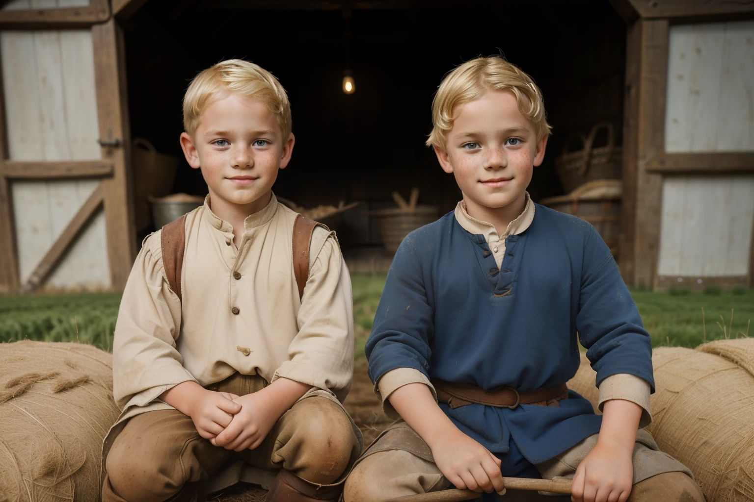 England, 1347. A duo of ((((9 and 7-year-old)) brothers)), strong, rustic, freckles all over his face, working in a farm, sowing the fields, with two s, (8 and 6 years olthings from the 1340s)))), ((blond hairstyle of the 1340s))