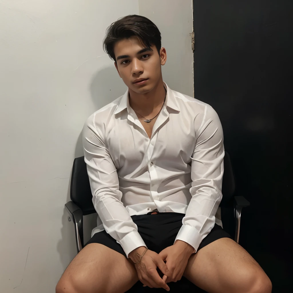 20-year-old Colombian man wearing white long-sleeved open formal shirt with black buttons with black boxers sitting with defined chest and abdomen in a desk chair against a red wall