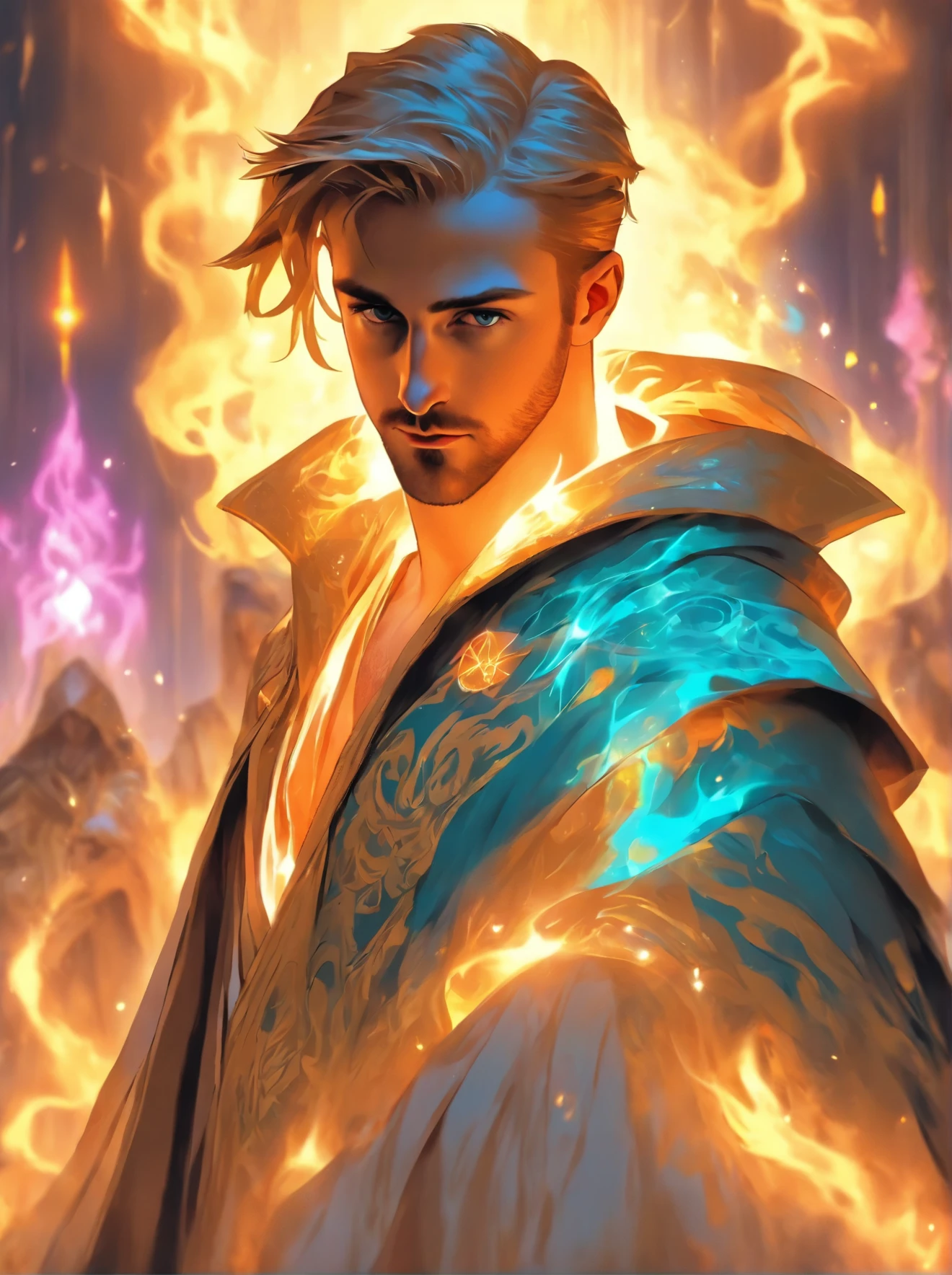 Ryan Gosling in wizard robes, cryomancer, D&D art, fantasy art, by Seb McKinnon, detailed, trending on ArtStation, Magic: The Gathering