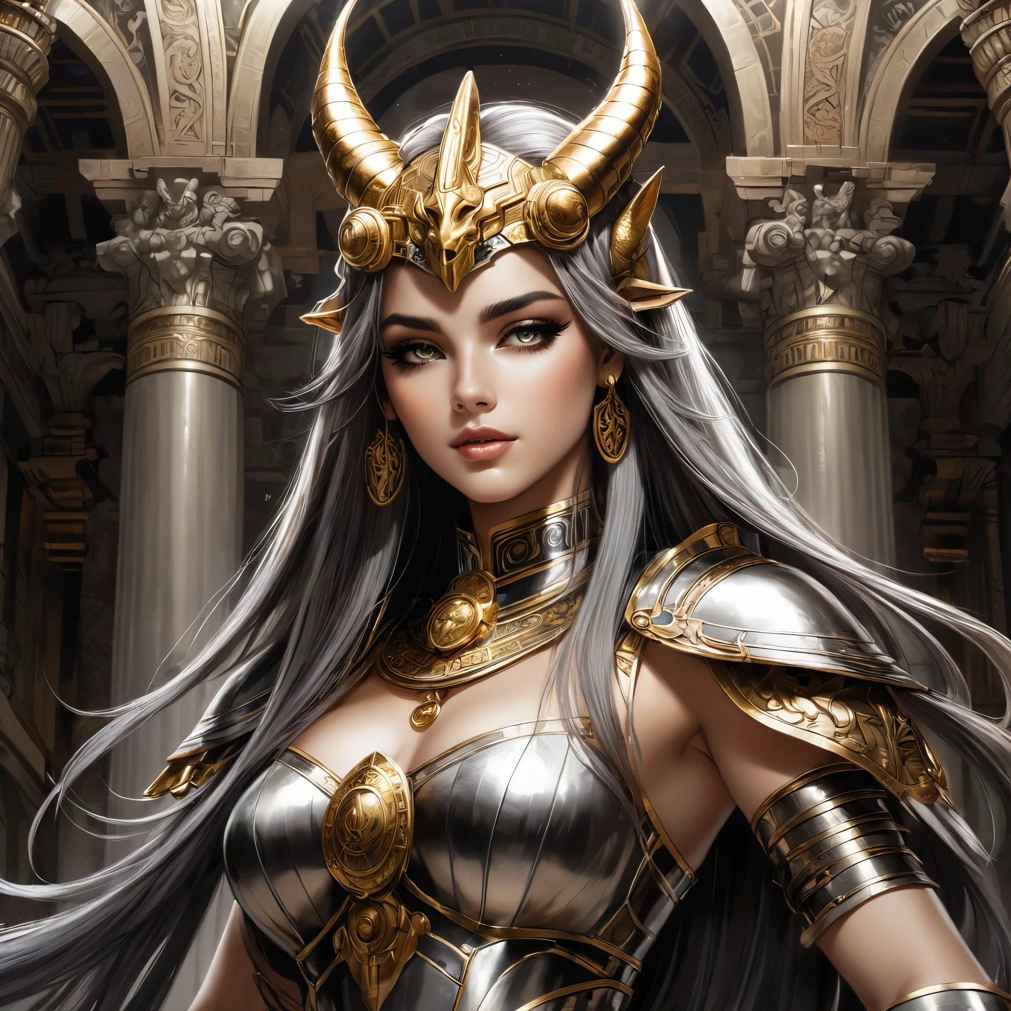 (Pencil_Sketch:1.2、messy lines、 greyscale、 traditional media、sketch), Ruined Roman temple interior, Horned golden-headed creature, Portrait of Dragon Knight, Mysterious Anubis Valkyrie, Super detailed fantasy characters, Robot dragon portrait, Sleipnirs photo, ghost of anubis, (Raise your hand to touch your hair), (Covered in blood from head to toe), v-shaped eyebrows, streaked hair, colored inner hair, curtained hair, streaked hair, colored inner hair, full body photography, streaked hair, colored inner hair, side ponytail, hair two side up, hair one side up, hair strand, hair strand, chiaroscuro, sparkle, Wide-Angle, (panorama:1.8), by Alfons Mucha, Tonalism, Contemporary art, Tonalism, Tonalism, UHD, masterpiece, ccurate, high details, highres, high quality, 8k, best quality, UHD, super detail