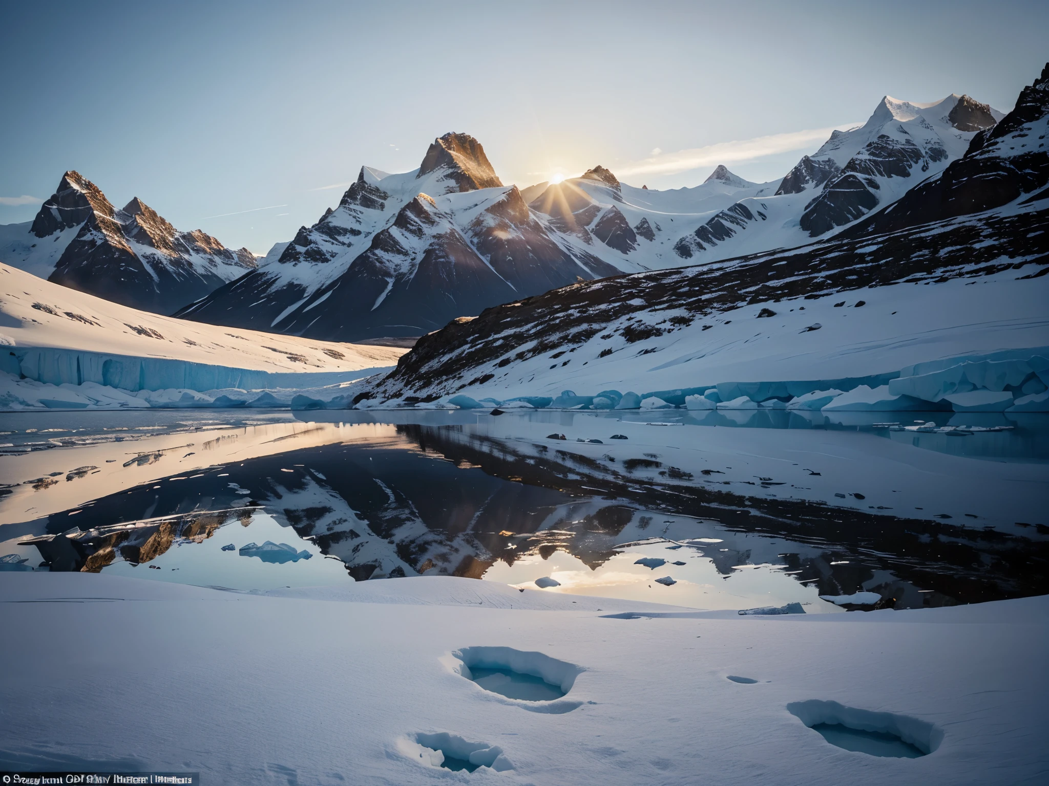 A breathtaking photorealistic cinematic landscape of a serene Antarctic scene at morning light. The image showcases massive icebergs floating in a tranquil lake, their surfaces reflecting the warm, golden light of the setting sun. The sky is filled with soft, pastel hues of pink and orange, while the surrounding snow-capped mountains create a sense of vast, untouched wilderness. The scene is rendered with incredible detail, capturing the beauty and pristine nature of the polar region.