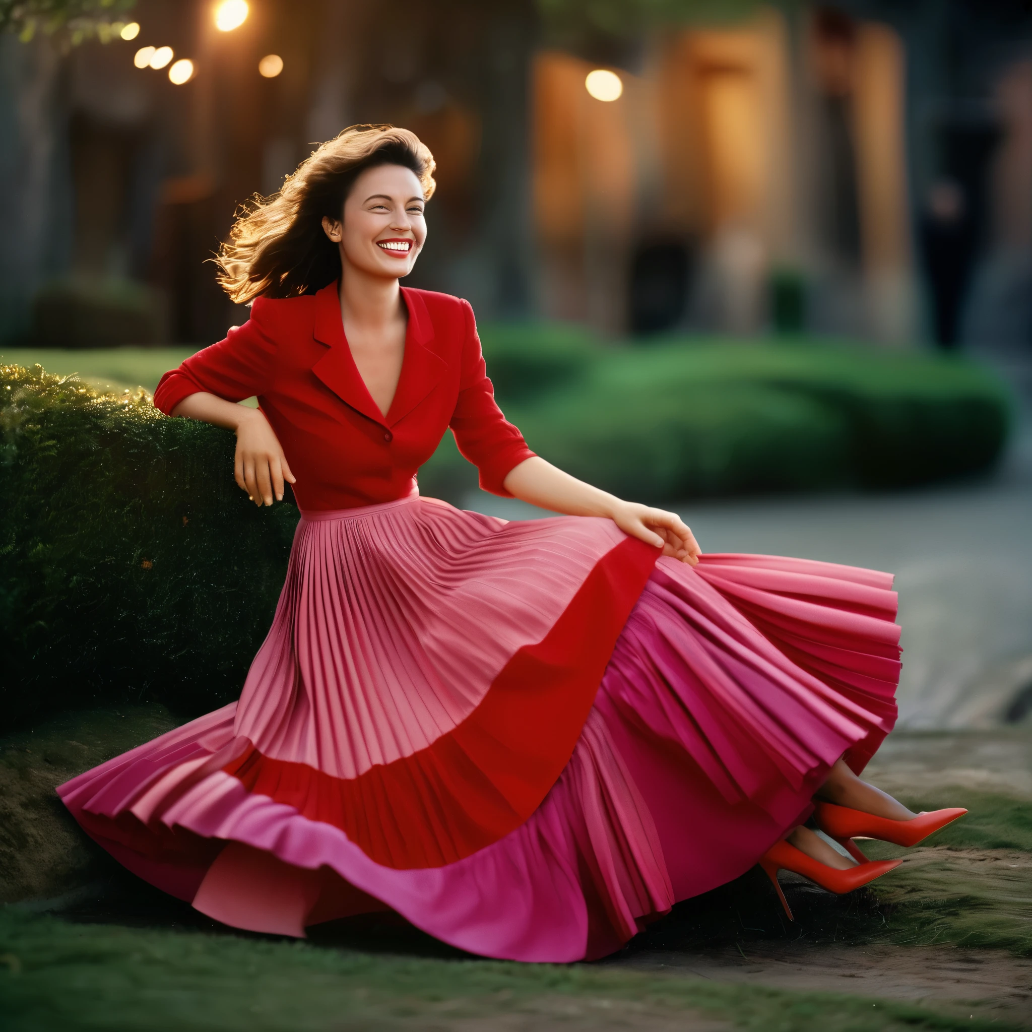 A smiling, authentic, (shy:1,3), kind, beautiful woman, is passionately in love with her skirt, sitting down on the ground while wind lifts her skirt, wearing short blazer and very, very detailed (long (fully pleated) full circle skirt) and (low heeled court shoes), very, very intricate hyper-detailed symmetric (attractive graceful young feminine face) with (sad, tired eyes and a loving smile), very voluptuous breasts, full of empathy and compassion and love, (pronounced (feminine) features), (highly detailed ultra accurate realistic) hands and fingers, (windy), epic composition, highly detailed attributes, (35mm f1.4 Kodak portra 400 photograph), extremely high quality RAW photograph, highly detailed atmosphere, sci-fi, cinematic shot, dynamic lighting, 75mm, Technicolor, Panavision, cinemascope, sharp focus, fine details, 8k, HDR, realism, realistic, key visual, film still, superb cinematic color grading, depth of field