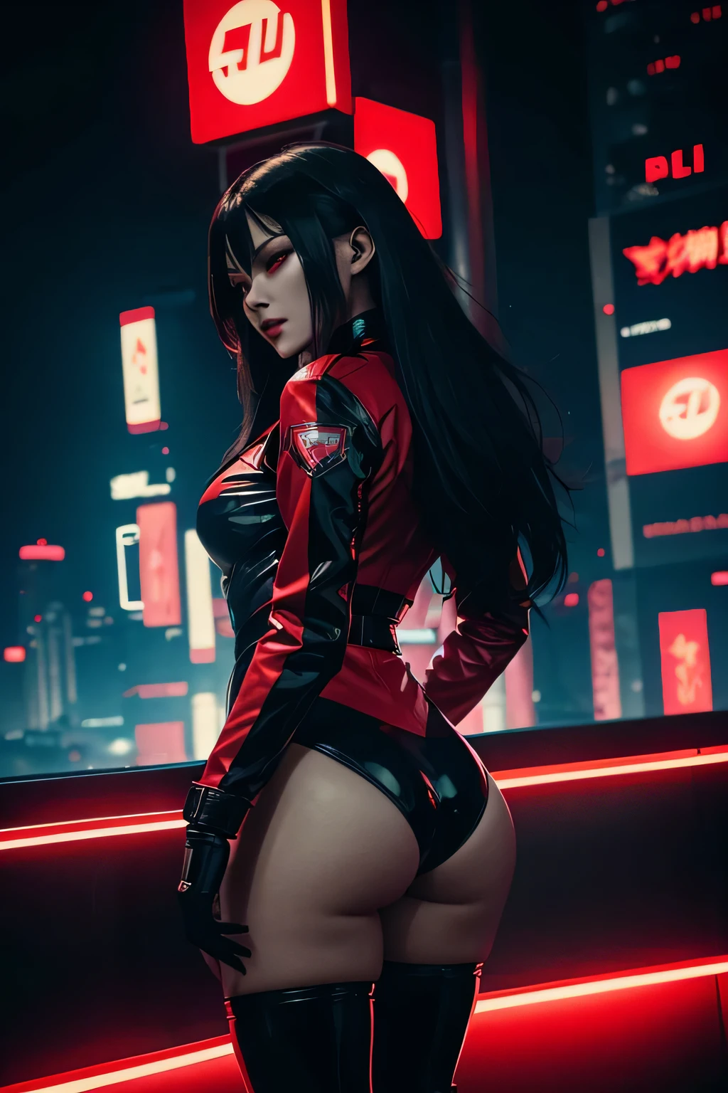 black long haired Asian woman with red pupils. pvc black clothing. leotard, red jacket, knee high boots. gothic theme, with neon lights. sinister character. in a cyberpunk setting. looking out at a giant city of lights. showing bottom, bent over