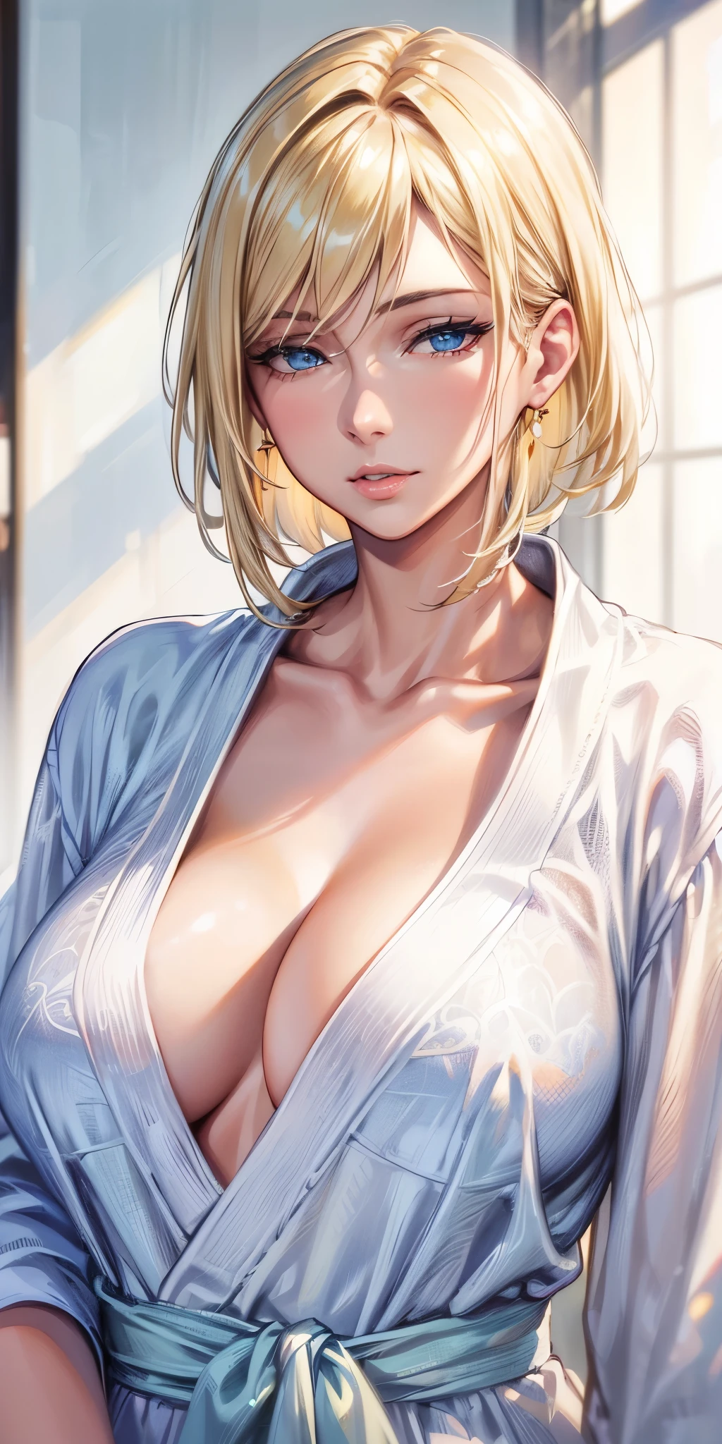 (best quality, highres, realistic), portrait, Elegant mature woman, blue eyes, blonde, big breast, high resolution cg 8k, beautiful cg, soft light