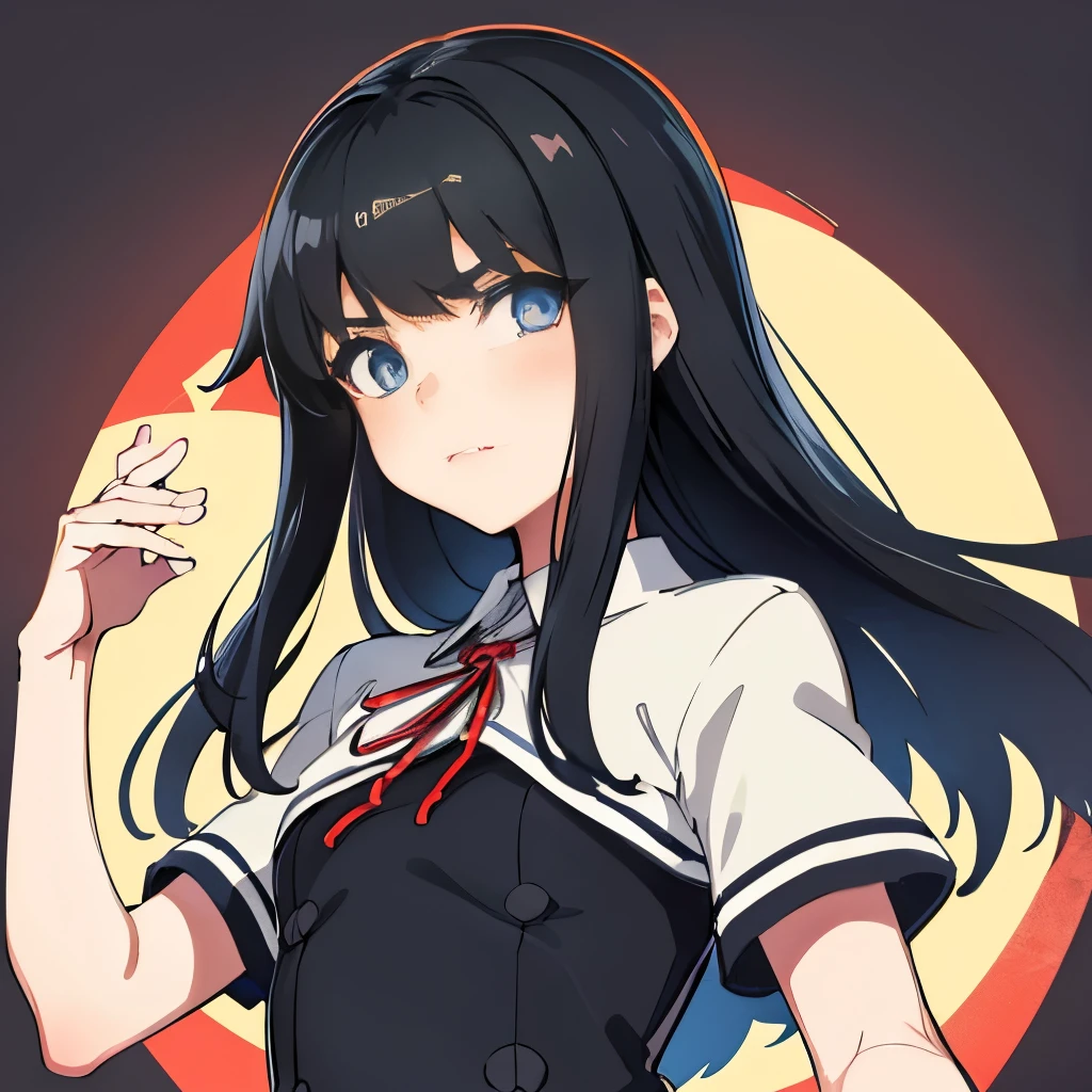 directly from the front, Upper body, laughter, closed mouth, best blue eyes, Black pinaphore dress, Short red ribbon, black hair, straight hair, Half Long Hair, blue eyes, best eyes, best face, anime nose, anime mouth, closed anime mouths, (masterpiece, highest quality:1.4), (Super detailed:1.2), figure, picturesque,