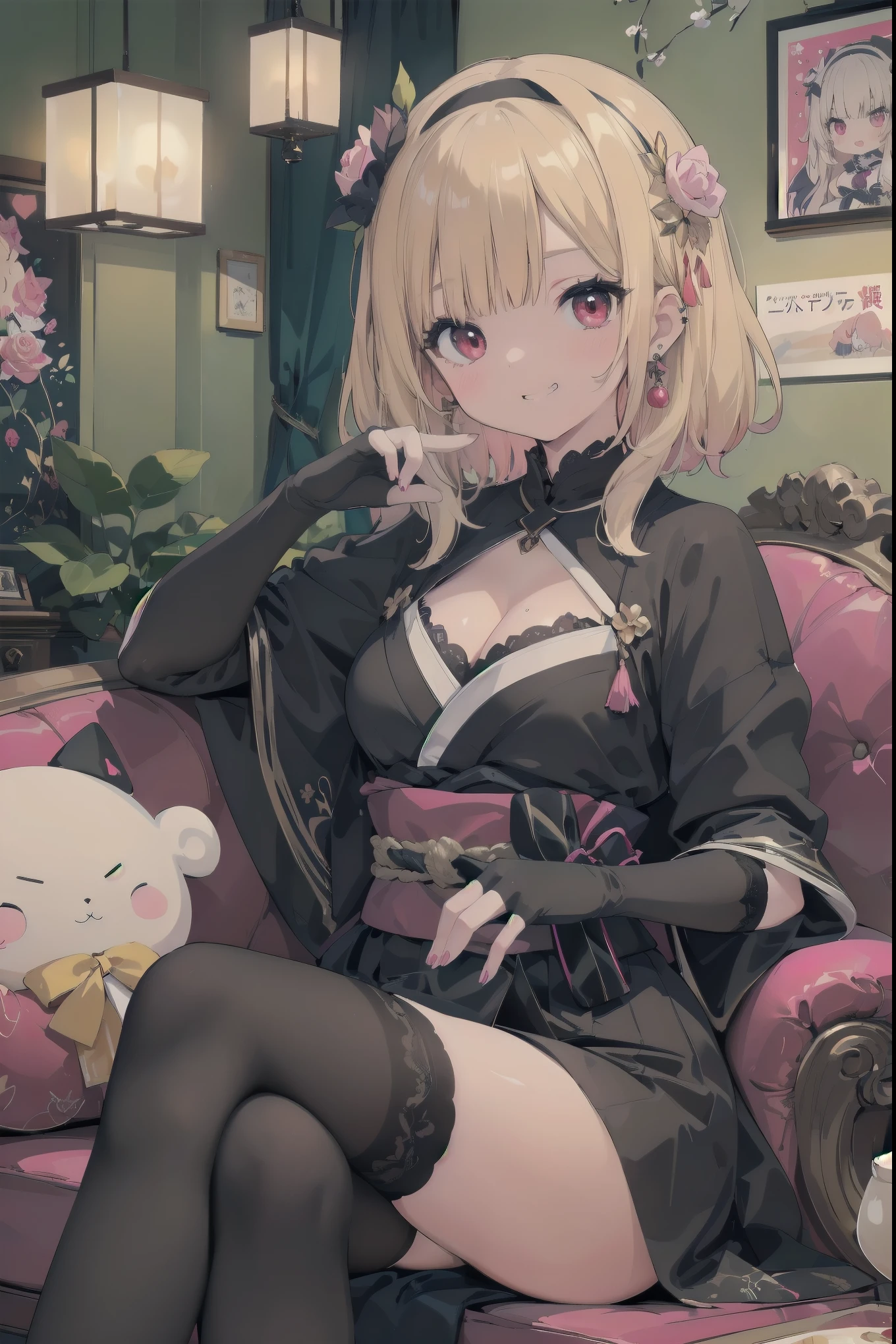 [Dress-up doll series - Yoru-san Cos Marin-chan２] (masterpiece, best quality), (absurdres absolutely resolution), (8k), (detailed beautiful face), (detailed illustration), (super fine illustration), (vibrant color), (professional lighting), BREAK 

close-up, (sitting, crossed legs:1.3), BREAK 

(in My Dress-Up Darling style), (kitagawa marin), 1girl, solo, long blonde hair, multicolored hair, shiny hair, straight hair, swept bangs, (big red eyes:1.2), long eyelashes, cherry-pink lips, long cherry-pink fingernails, (shiny skin, skinny, slender body:1.3), (large breasts), cleavage, BREAK 

(happy smug:1.3), (wide eyes:1.3), silver earrings, piercing, (gold hairband, black dress, black thighhighs, fingerless gloves, black gloves, hair ornament, hair flower), rose, BREAK 

(indoors:1.3), (Japanese small apartment, anime posters all over the walls, kawaii anime dolls, hot-pink sofa, cushions:1.3), (magnificent view), (cinematic lighting), (bokeh)