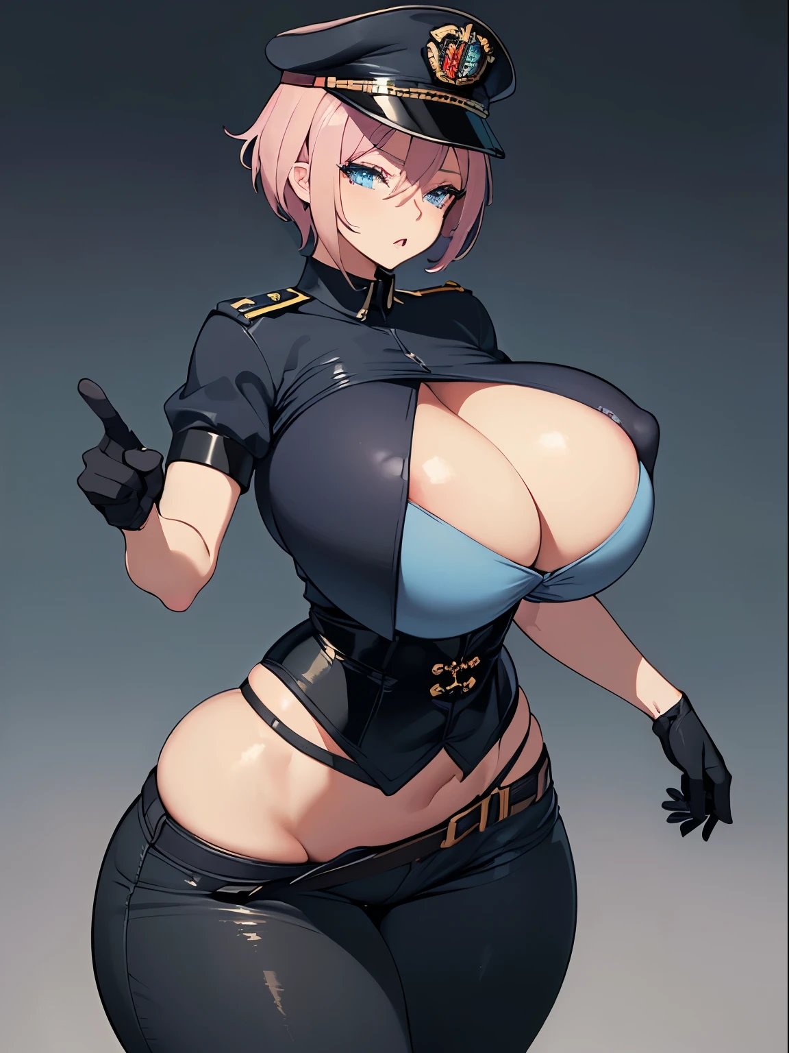 (1girl, solo:1) (masterpiece, best quality:1), ultra-detailed, pink short hair, blue eyes, solo, wide hips, thick thighs, (thin waist:1.8), (huge breasts:1.8), (thicc:1.4), cleavage, straps, navel, (skimpy tube top, military peaked cap, black pants, belt, black gloves), covered nipples