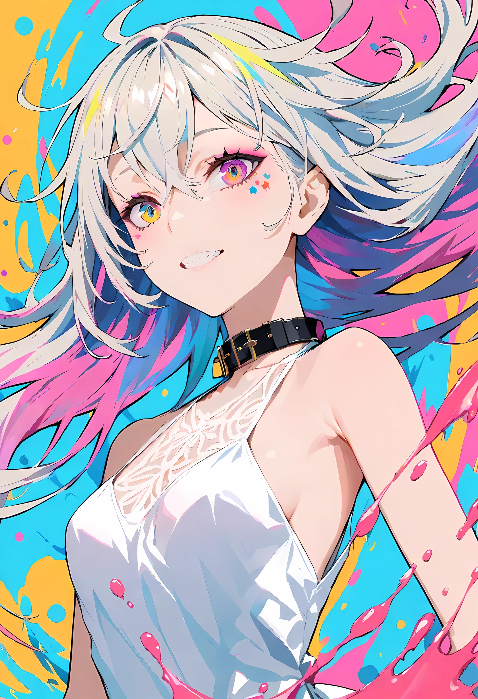 (((masterpiece))),(((best quality))),((super detailed)),(illustration),(dynamic angle), ((floating)),(painting),((disheveled hair)), (alone),(1 girl), ((small_Chest)), (((Detailed anima face))),((Beautiful and delicate face)),collar,bare shoulders,  white hair, ((colorful hair)),((striped hair)), beautiful and delicate eyes,(gradient eyes),(((Color eyes))), (((Colorful background))),(((high saturation))),(((Surrounded by colorful water splashes))),(((surrounded by colorful dots))),Colorful bubbles,((shining))