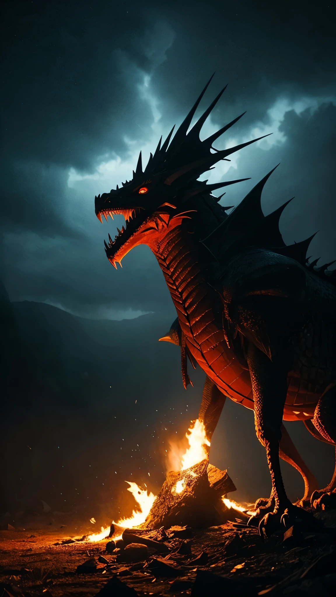 Fighting warrior x dragon, At Art Station Forest Art, dungeon, Balrog, Dragon shoots burning fire from its mouth, d&d, Lord of the Ring, firing ring, conan, dark soul, hazy background, realistic epic, rutkowski, HDR, intricate details, very detailed, cinematic, rim light, calm colors: 1.2, dark fantasy, dark sky, Dark mountains on background々, dark atmosphere, fear, horror, impressive, Dark stormy sky in shades of blue and purple