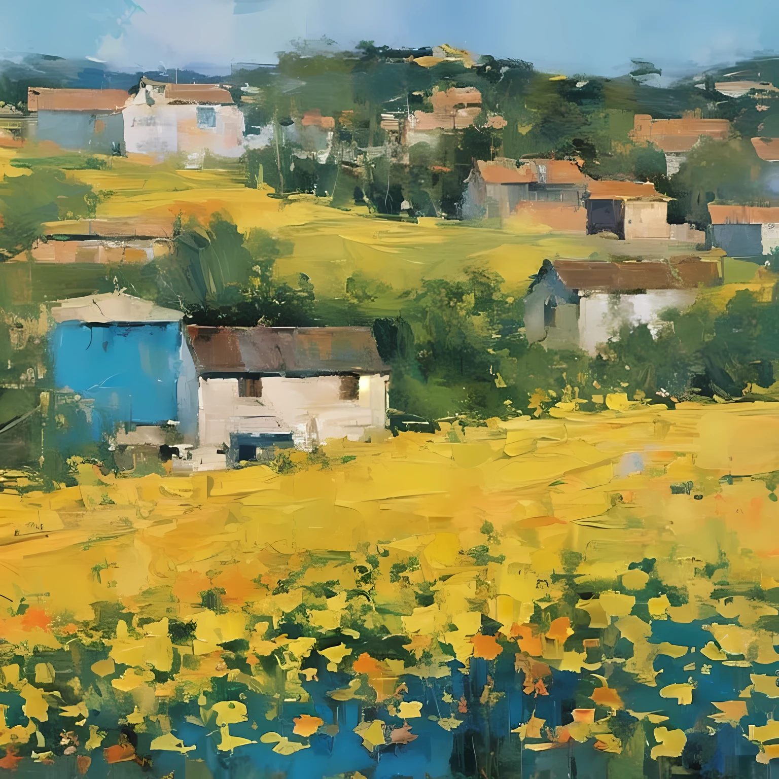 A painting of a flower field，The background is the house, by yimeng, Inspired by Wu Guanzhong, village, Vibrant gouache scenery, author：Ni Duan, author：Tribe, author：Bohumil Kubista, by Ni Yuanlu, by Wu Guanzhong, Inspired by Sun Kehong, detailed gouache paintings