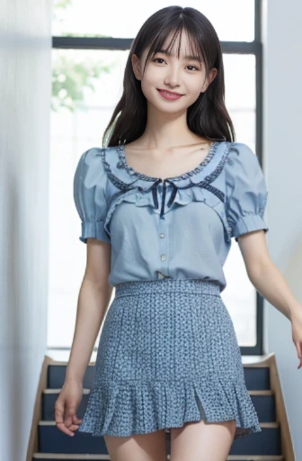 best quality, detailed, beautiful, insanely detailed, absurdres,perfect anatomy,
Japanese woman,black hair,27 years old,
(slender),
(small breasts),,(stairs:1.0), smiling, walking, hair over one eye, curly hair, (pale blue mini skirt), (asa no ha pattern print cloth frilled clothing), (Gorgeous white :1.0),(showing off panties:1.0), cowboy shot, (upside-down:1.2)