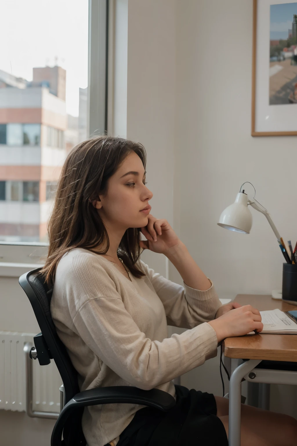 A side view of the girl sitting at her desk, staring out the window thoughtfully, with a book open in front of her.((best quality)), ((masterpiece)), (detailed), perfect face