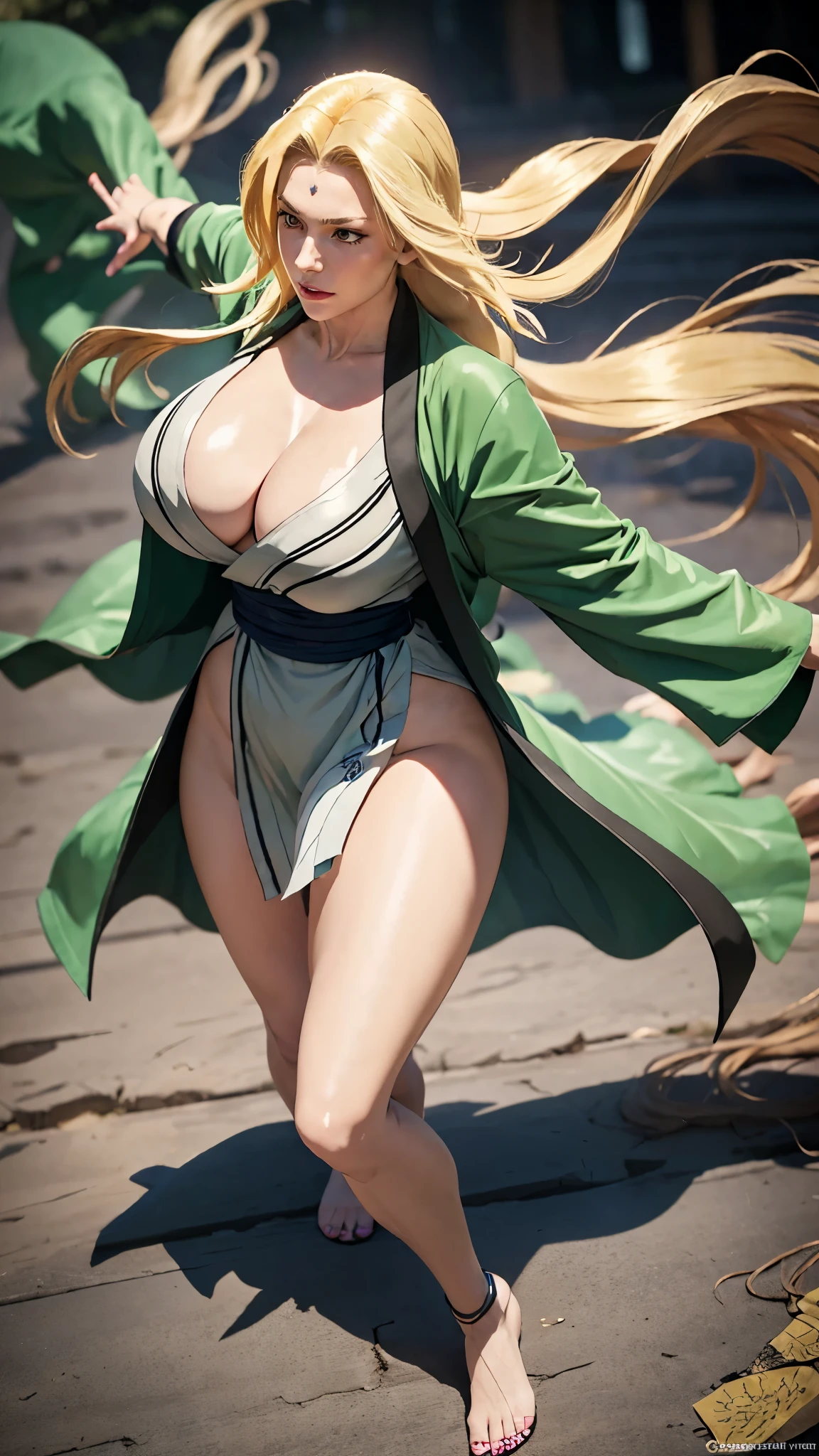 Tsunade, a powerful and experienced shinobi, stands tall with an air of confidence. Her striking features include captivating blue eyes that shimmer with determination and long, luscious golden hair cascading down her back. She possesses a well-toned physique that accentuates her strength, showcasing her expertise in combat. Tsunade wears her iconic green robe, adorned with the symbol of her village, symbolizing her dedication to protecting those she holds dear. As the sun's gentle rays touch her face, her serene expression reflects the wisdom and resilience that lie within her. In her hands, she holds a scroll, signifying her profound knowledge and mastery of various jutsu techniques. Tsunade's presence exudes a powerful aura that commands respect, full body naked