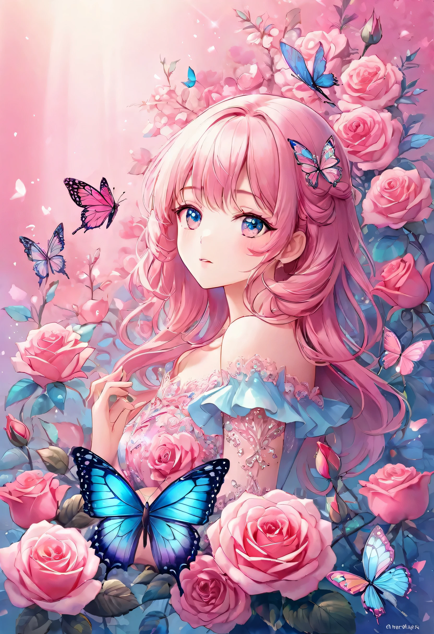 There is a pink rose,There's a butterfly on it, detailed flowers, pink rose, beautiful digital art, pastel roses, pink pink, magic flower, blue and pink, beautiful digital paintings, Translucent rose gorgeous, Pink and Blue, beautiful flower, rose background, Beautiful ornate digital art, magical colorful flowers, 非常beautiful digital art, elegant numbers, beautiful digital art作品