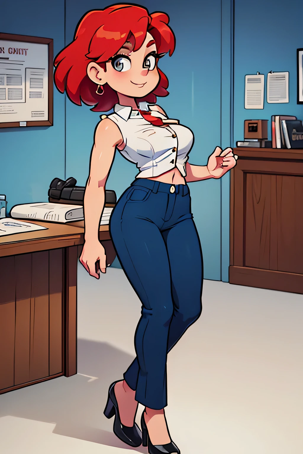 Una mujer alta y sexy, oficial de agentes, hermosa, feliz, confiada, con un pecho grande, cabello corto de color rojo brillante y ojos color avellana, and wears a sleeveless white button-down shirt that shows his navel and under dark blue pants and wears a red kitten heel in the background are the state police offices. unido
