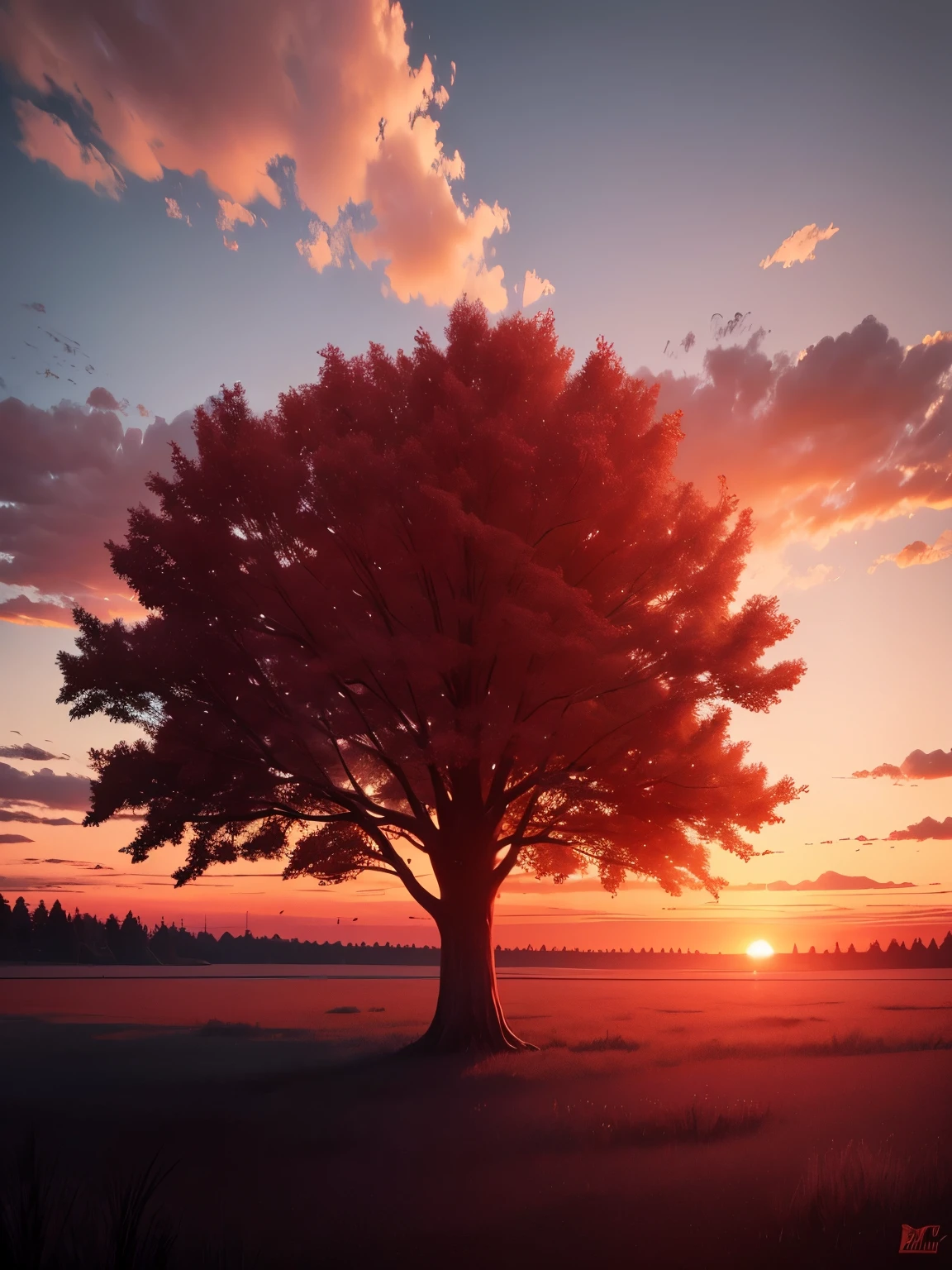 sunset, red clouds, trees extremely detailed, high quality, 8k resolution