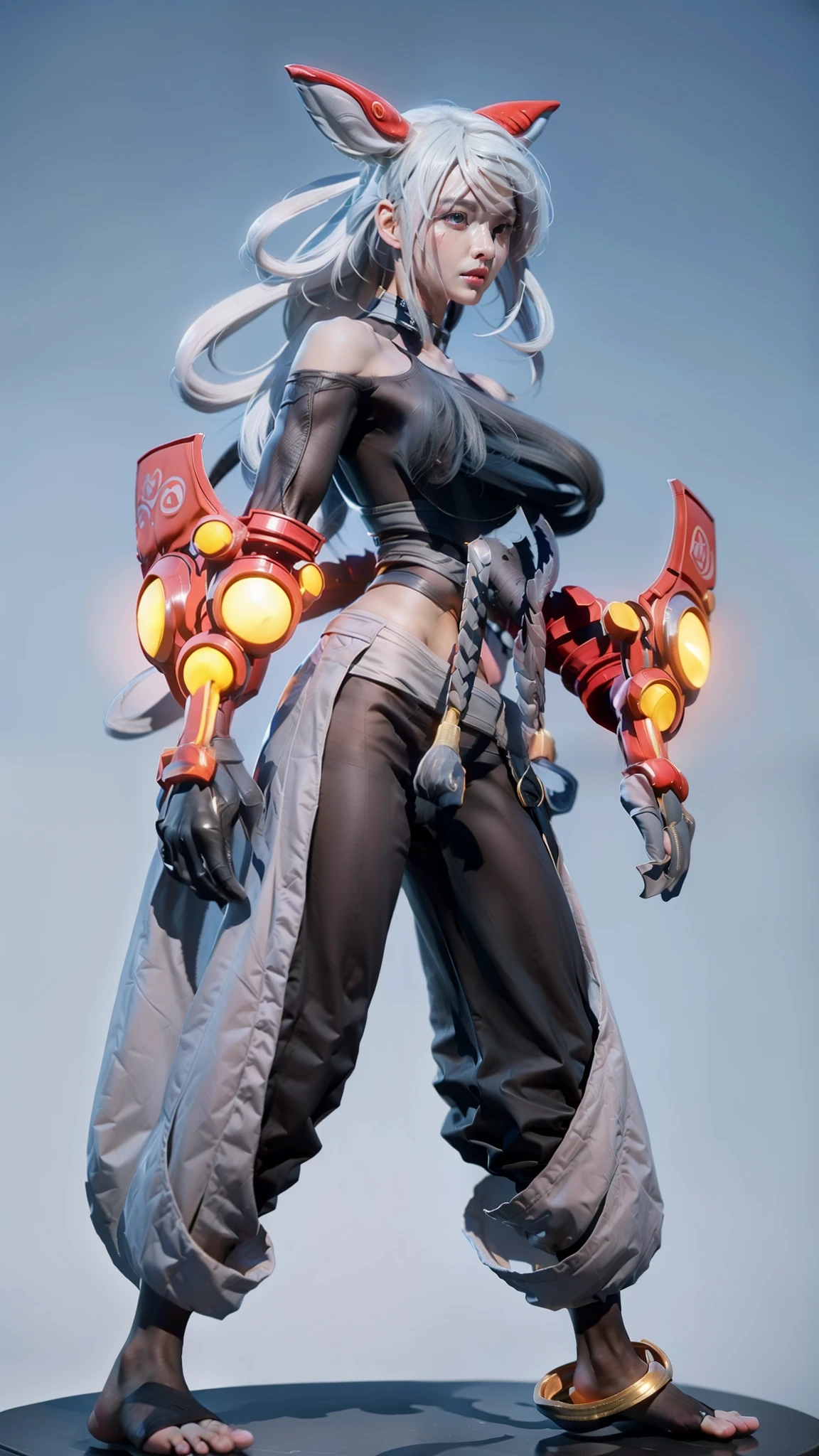 qi_aov_new, 1girl, solo, grey eyes, grey hair, bangs, long hair, hair ornament, breasts, large breasts, looking at viewer, blue eyes, white background, animal ears, bare shoulders, standing, white hair, , pants, black pants, armor, lips, gauntlets, jewelry, braid, toes, anklet, tail, ass, realistic, (masterpiece),((ultra-detailed)), (highly detailed CG illustration),(expressionless), (best quality:1.2)