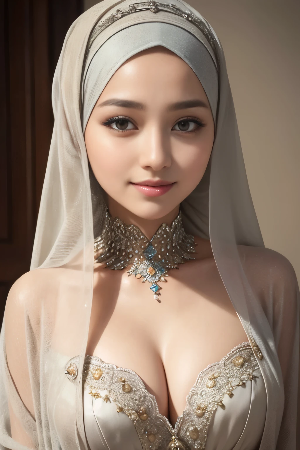 lizzy, silver, cleavage, hijabi, Absurd, ultra-detailed, high quality, masterpiece, detailed face, beautiful eyes(detailed eyes), javanese, gentle and graceful, face exudes warmth and kindness, eyes described as soft and comforting, gentle and steady gaze, overall appearance is simple and modest, The fabric of her garments is usually depicted as soft and earth-toned, beauty lies not in extravagant adornments, Her smile is serene and welcoming