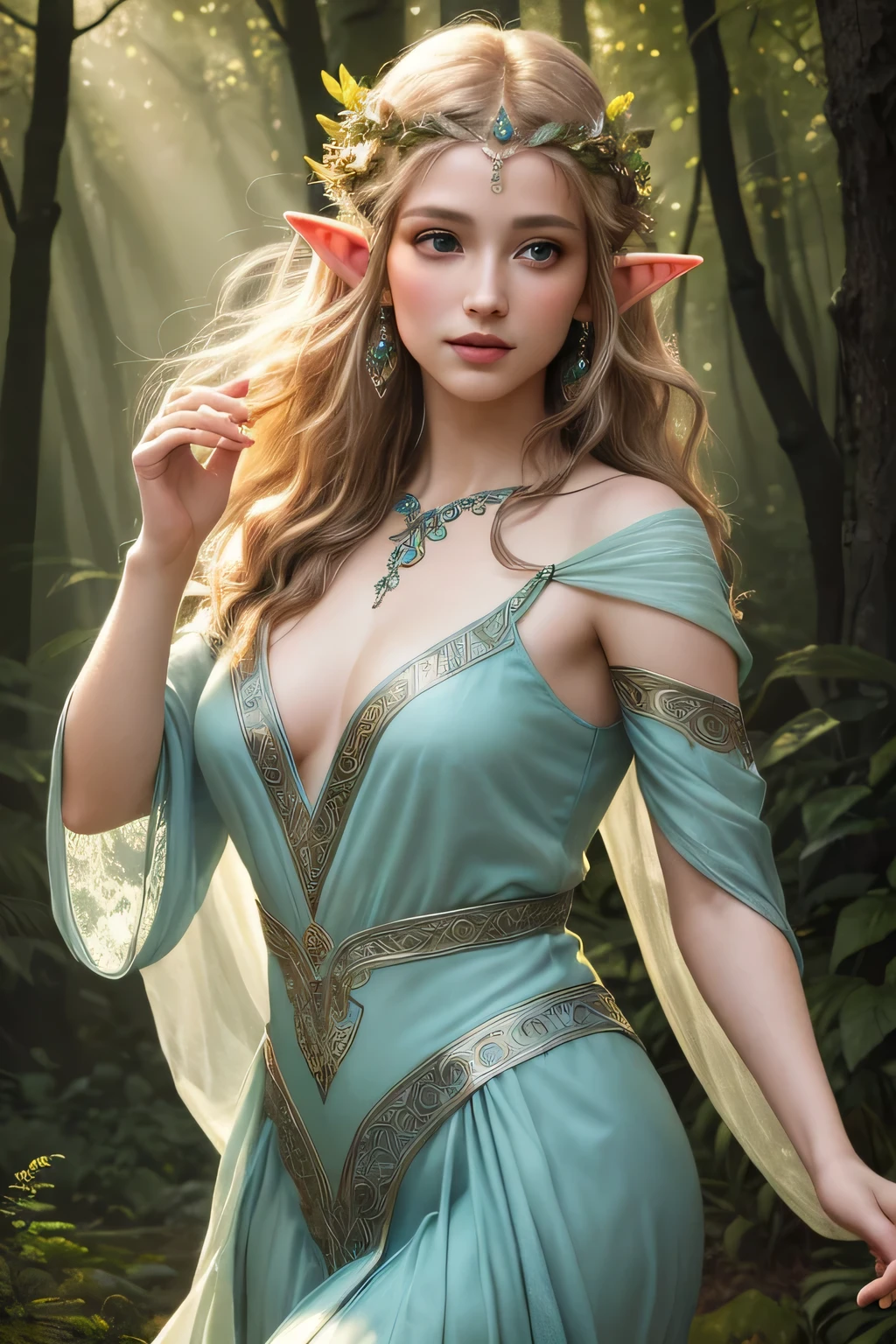 elf,Beautiful detailed eyes,pointed ears,Graceful posture,Enchanted forest,dappled sunlight,Fairy dust,unearthly beauty,mythical creature,faerie,fantasy,elfийская принцесса,Inspired by nature,Soft & Gentle,radiant complexion,fine features,loose hair,elfийский наряд,vibrant presence,Forest Guardian,otherworldly charm,mystical,Enchanted,serene,elusive,colorful flora and fauna,fabulous atmosphere,soft color palette,subtle shadows,bizarre,graceful movements,dancing among the trees,(Best quality,A high resolution),Ultra detailed,(realistic:1.37),bright colors,daylight