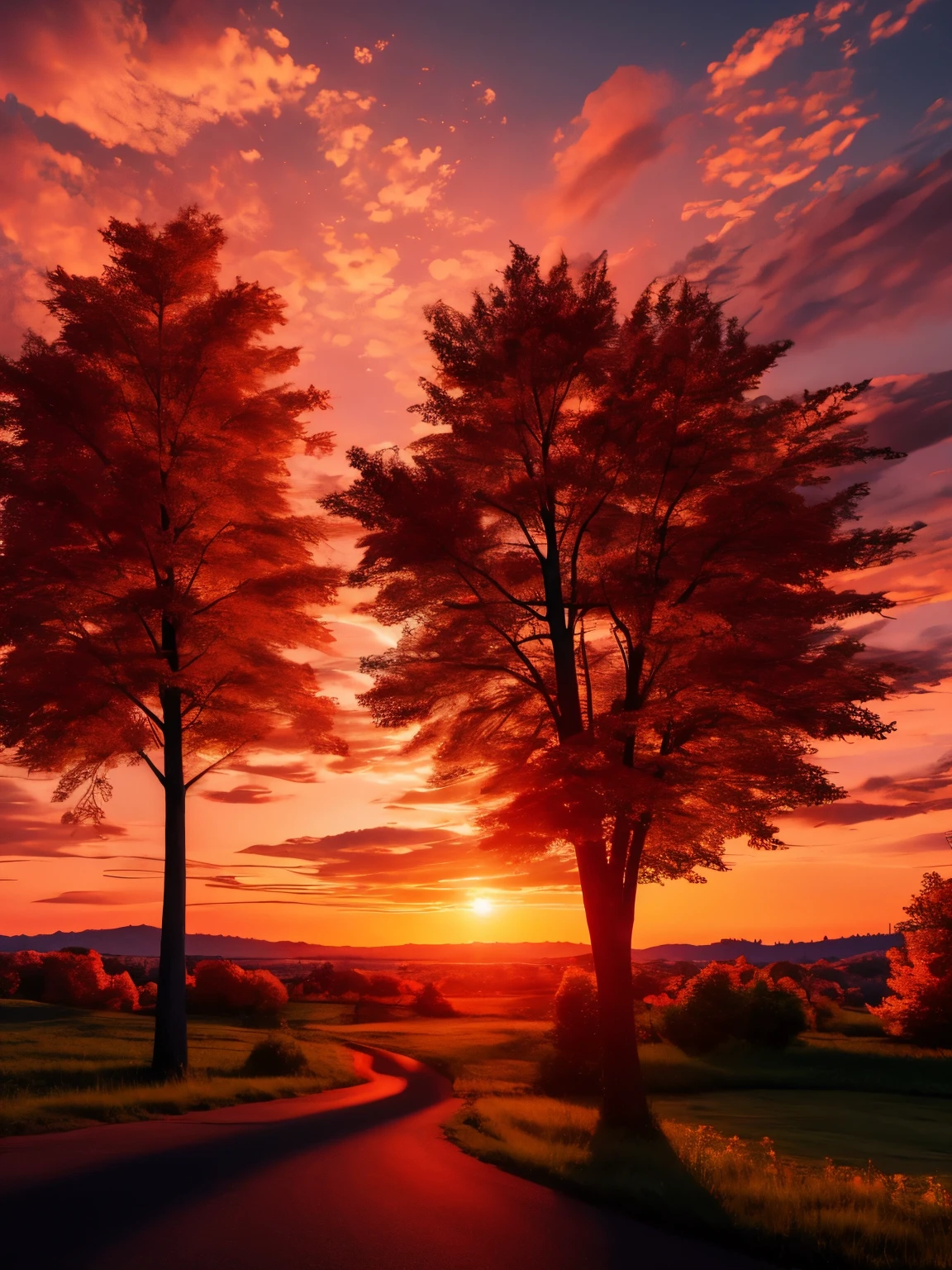 sunset, red clouds, trees extremely detailed, high quality, 8k resolution
