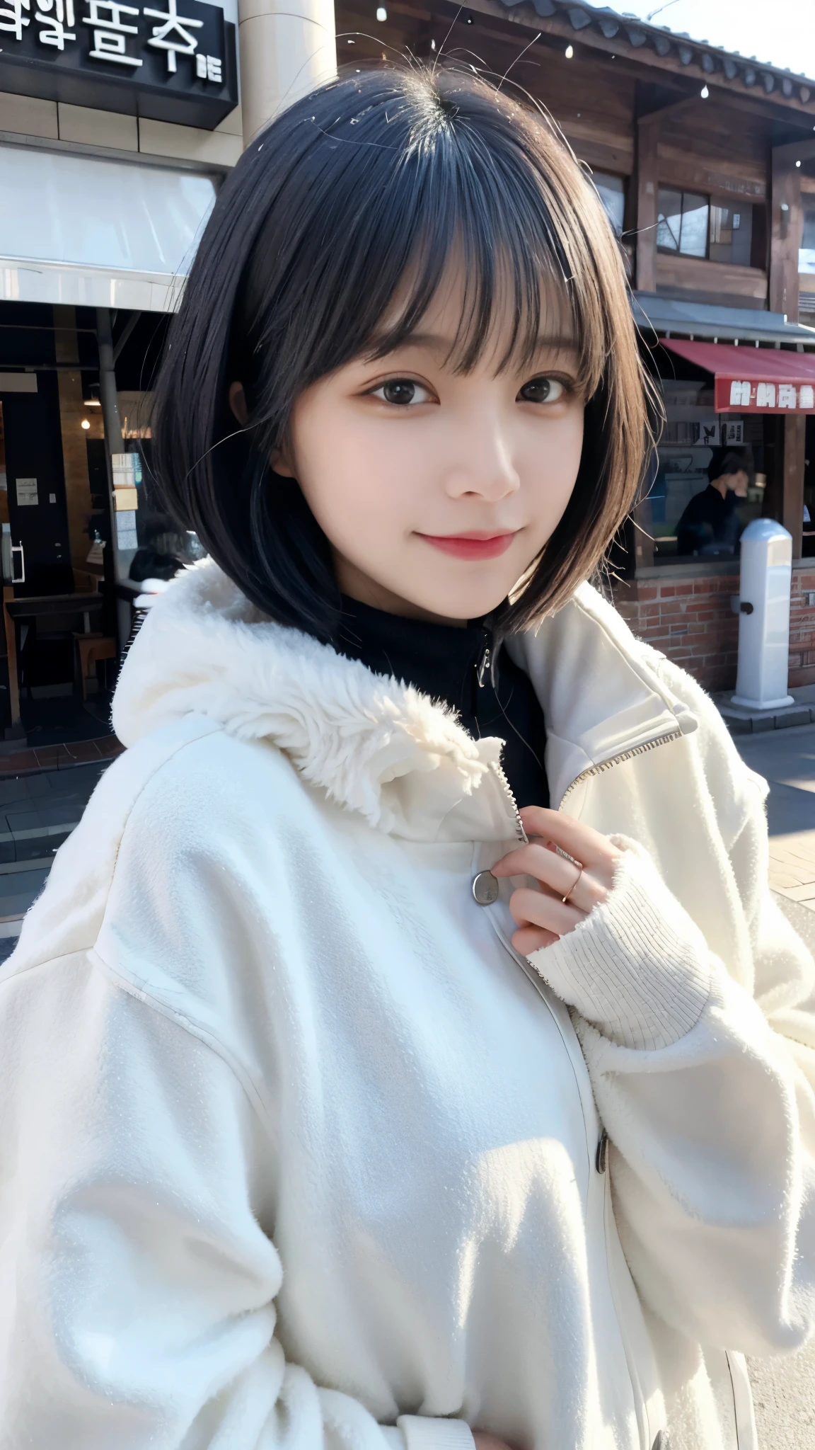 close up shot、look at the camera、cute｟smile 1.6｠(high quality, High resolution, Super detailed, realistic:1.37),With bangs、｟black hair｠、20-year-old、(bob cut hair)、1 girl、、korean woman、beautiful girl、well-groomed face、cute、Latest white fluffy winter clothes、In town
