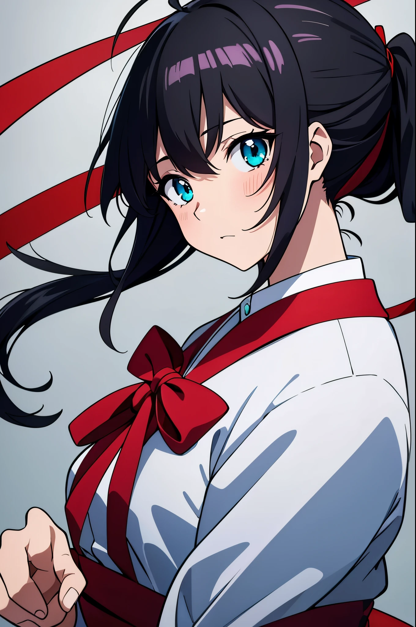 masterpiece, best quality, highres, absurdres, ruby hoshino anime character, 1girl, ahoge, black hair, aqua eyes, red ribbon, , sobu high