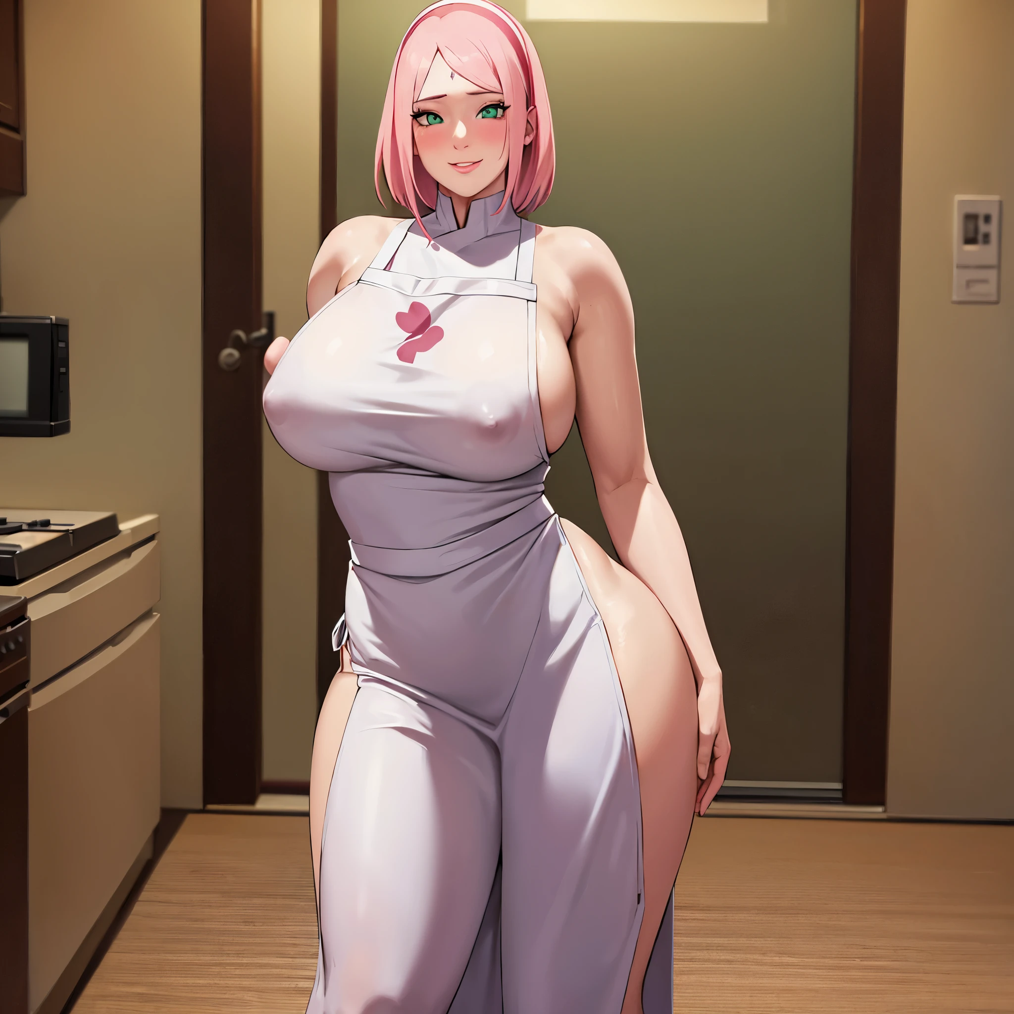 Sakura_Naruto, 30 y o woman, milf, big breasts, thicc hips, narrow waist, naked body with a white apron, in the kitchen, smile, nipples under the apron, high quality, rich colors, (white apron), nipples under clothes, naked body, curvy body, massive breasts, ( litle pink nipples visible through a (white apron)), POV in front of her, I stand in front of her, masterpiec, beautifyl detailed eyes, beautiful detailed lips, FULL HD, look into me, SEXY, green eyes, smile and blushes