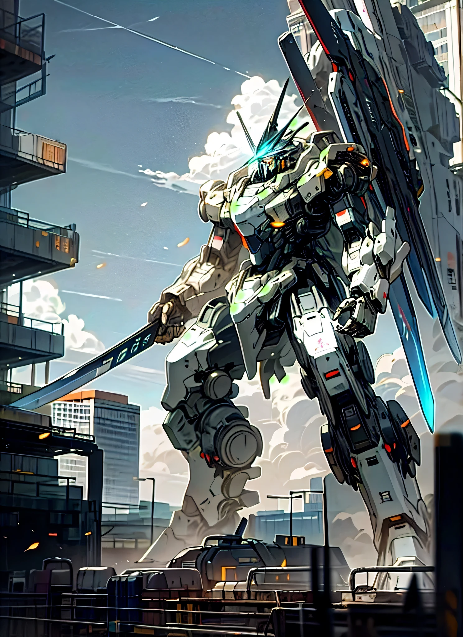 Sky, Clouds, holding_weapon, no_humans, Glow, Robot, Building, glowing_eyes, Mecha, Science Fiction, City, Reality, Mecha, Battle Stance